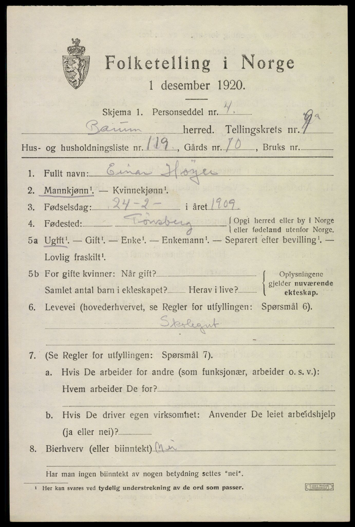 SAO, 1920 census for Bærum, 1920, p. 20374