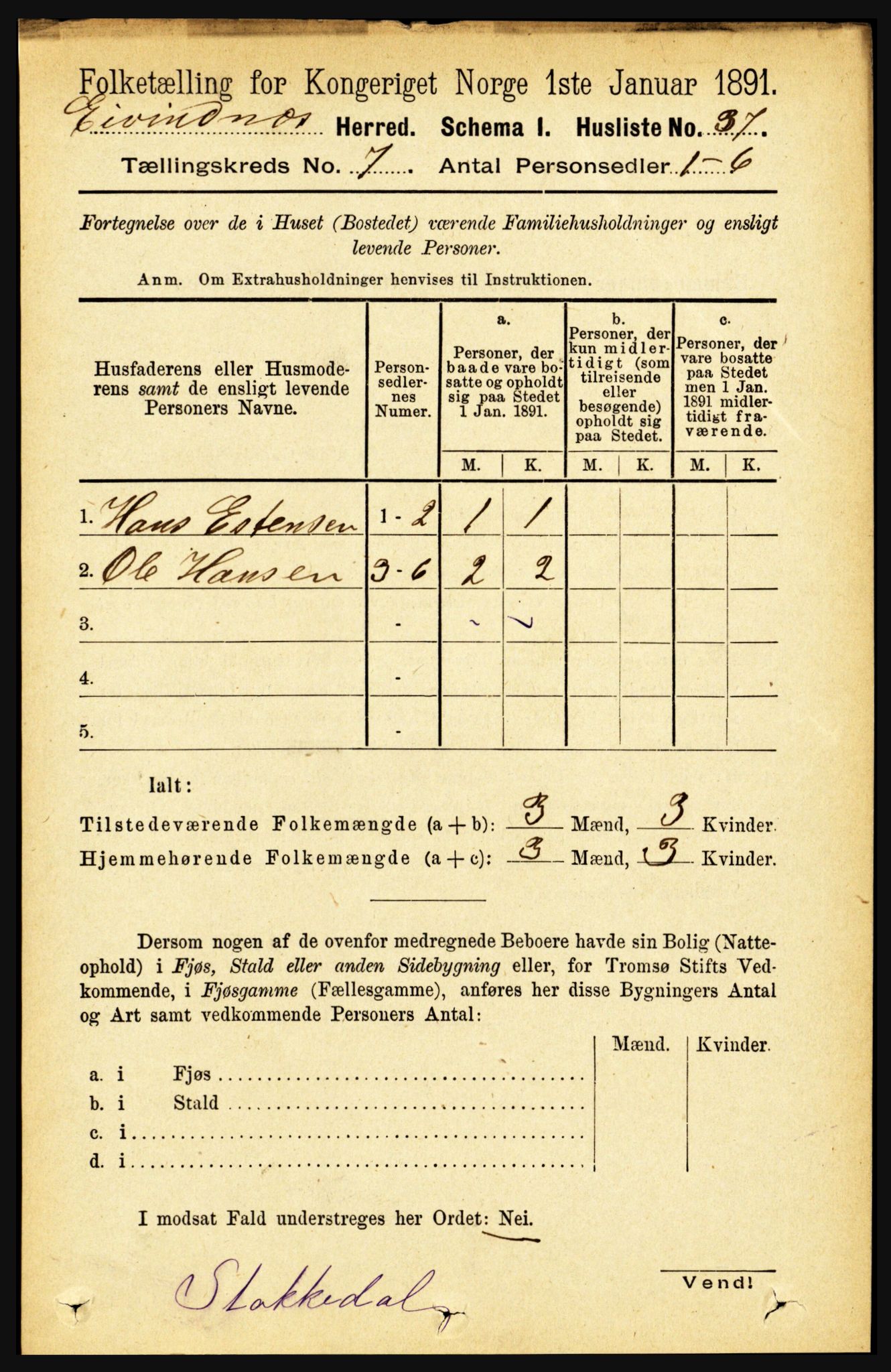 RA, 1891 census for 1853 Evenes, 1891, p. 2158