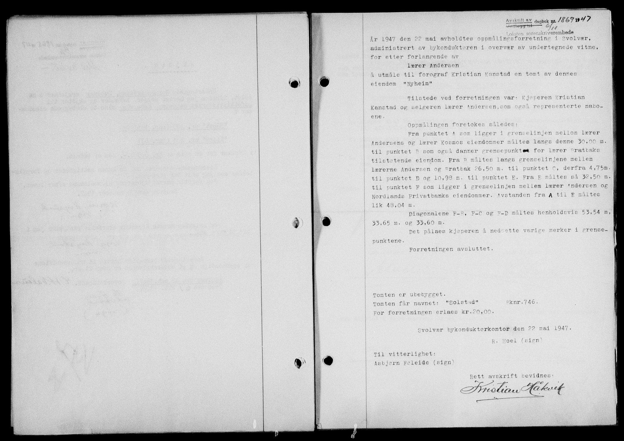 Lofoten sorenskriveri, SAT/A-0017/1/2/2C/L0017a: Mortgage book no. 17a, 1947-1948, Diary no: : 1869/1947