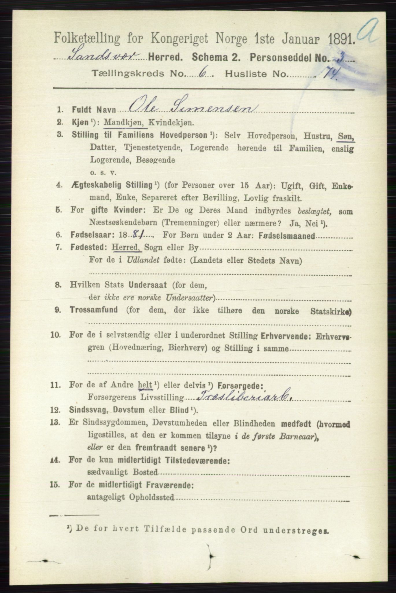 RA, 1891 census for 0629 Sandsvær, 1891, p. 3869