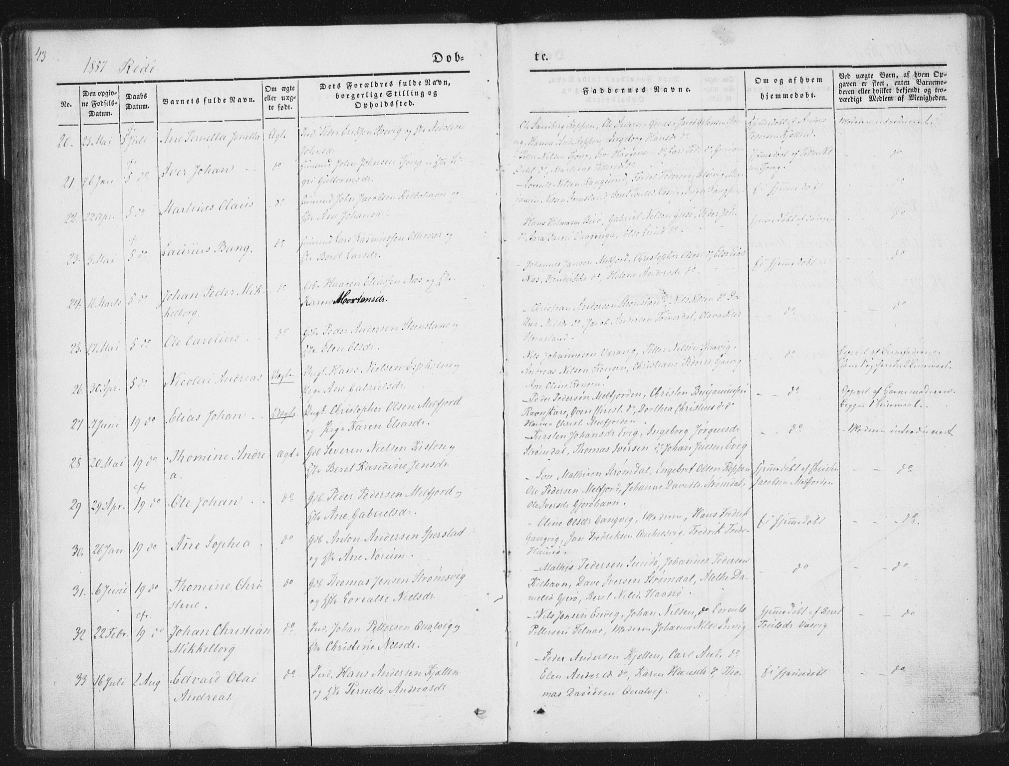 Ministerialprotokoller, klokkerbøker og fødselsregistre - Nordland, SAT/A-1459/841/L0602: Parish register (official) no. 841A08 /1, 1845-1859, p. 43