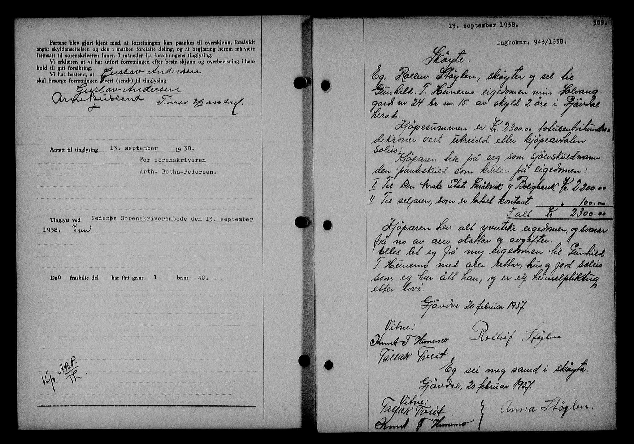 Nedenes sorenskriveri, AV/SAK-1221-0006/G/Gb/Gba/L0045: Mortgage book no. 41, 1938-1938, Diary no: : 943/1938