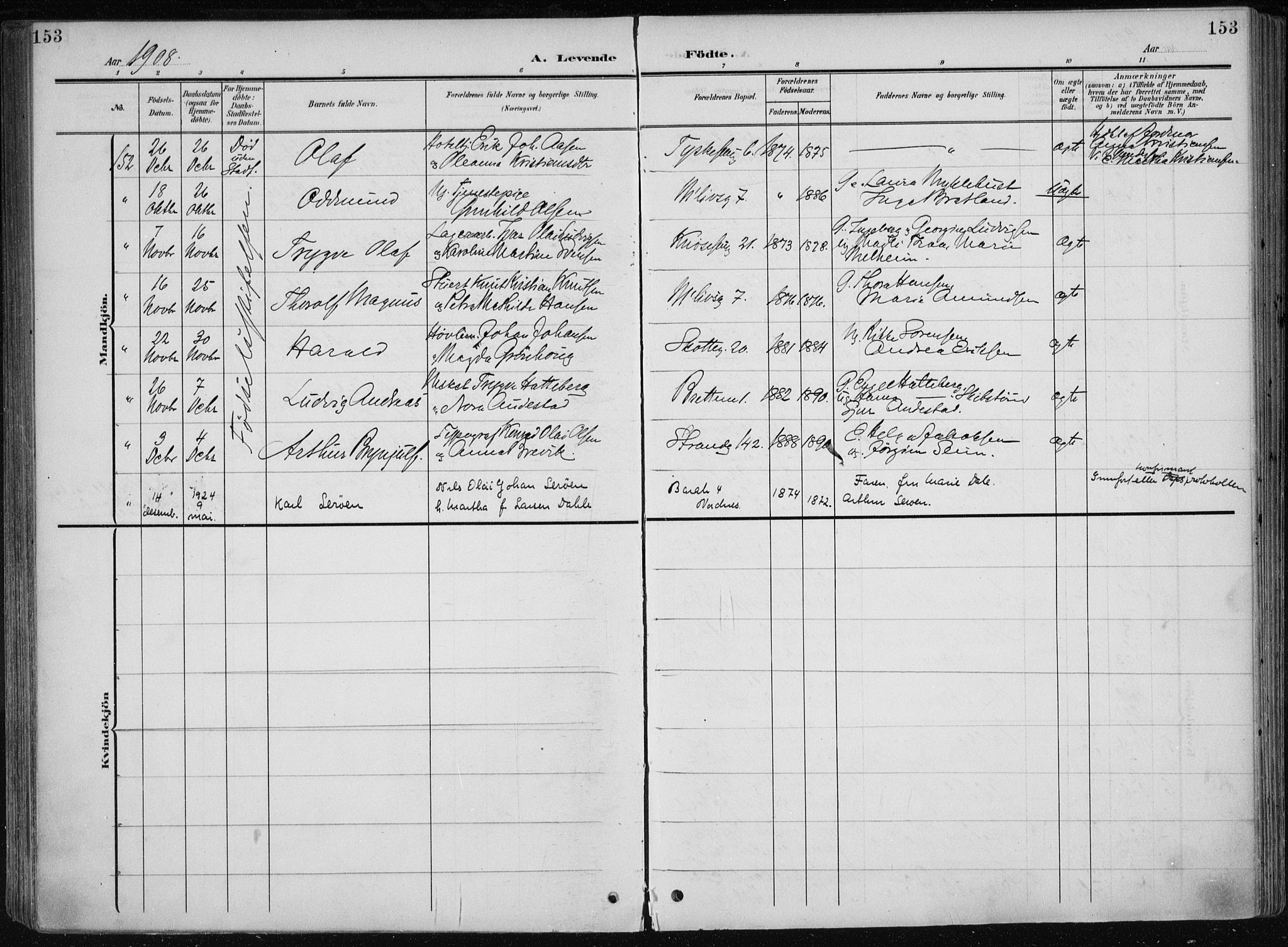 Nykirken Sokneprestembete, AV/SAB-A-77101/H/Haa/L0019: Parish register (official) no. B 7, 1904-1916, p. 153