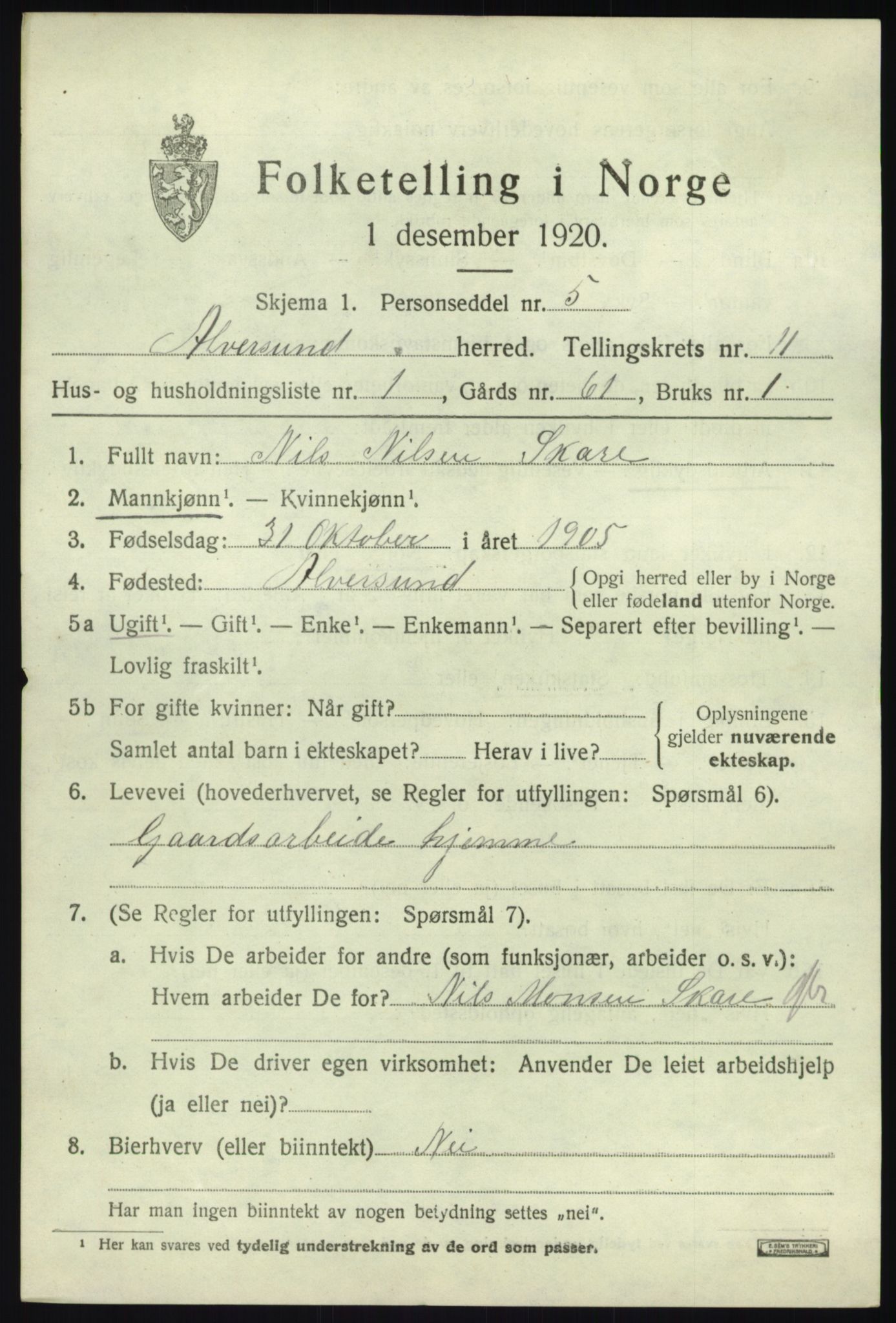 SAB, 1920 census for Alversund, 1920, p. 6688