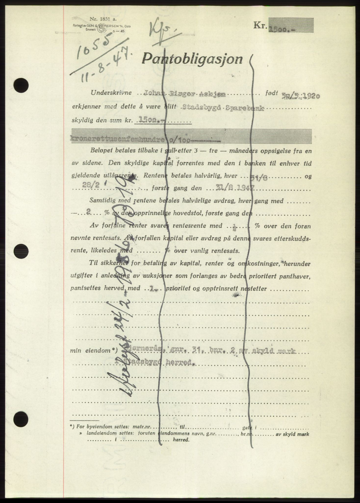 Fosen sorenskriveri, AV/SAT-A-1107/1/2/2C: Mortgage book no. B, 1946-1948, Diary no: : 1055/1947