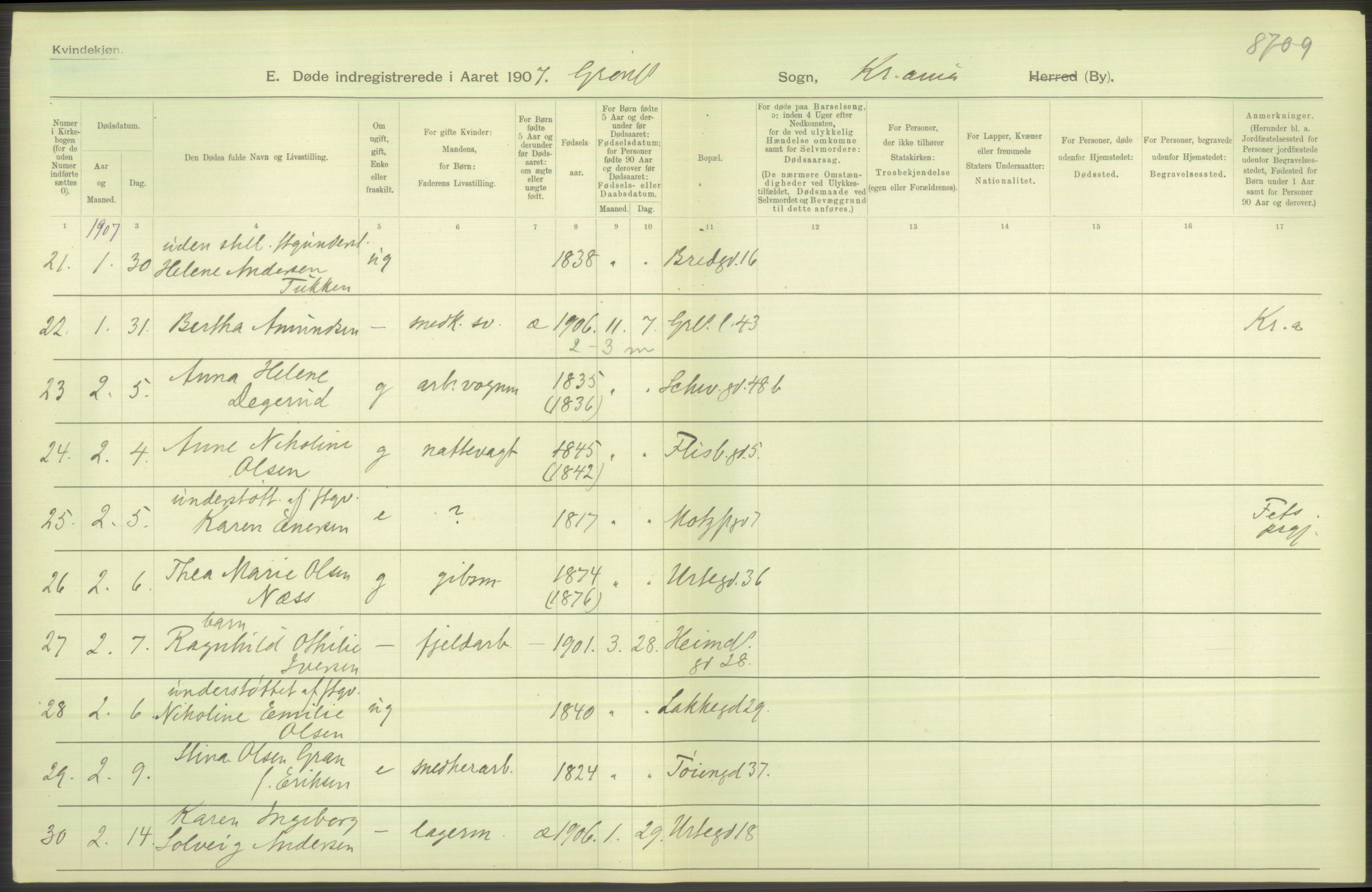 Statistisk sentralbyrå, Sosiodemografiske emner, Befolkning, AV/RA-S-2228/D/Df/Dfa/Dfae/L0009: Kristiania: Døde, 1907, p. 454