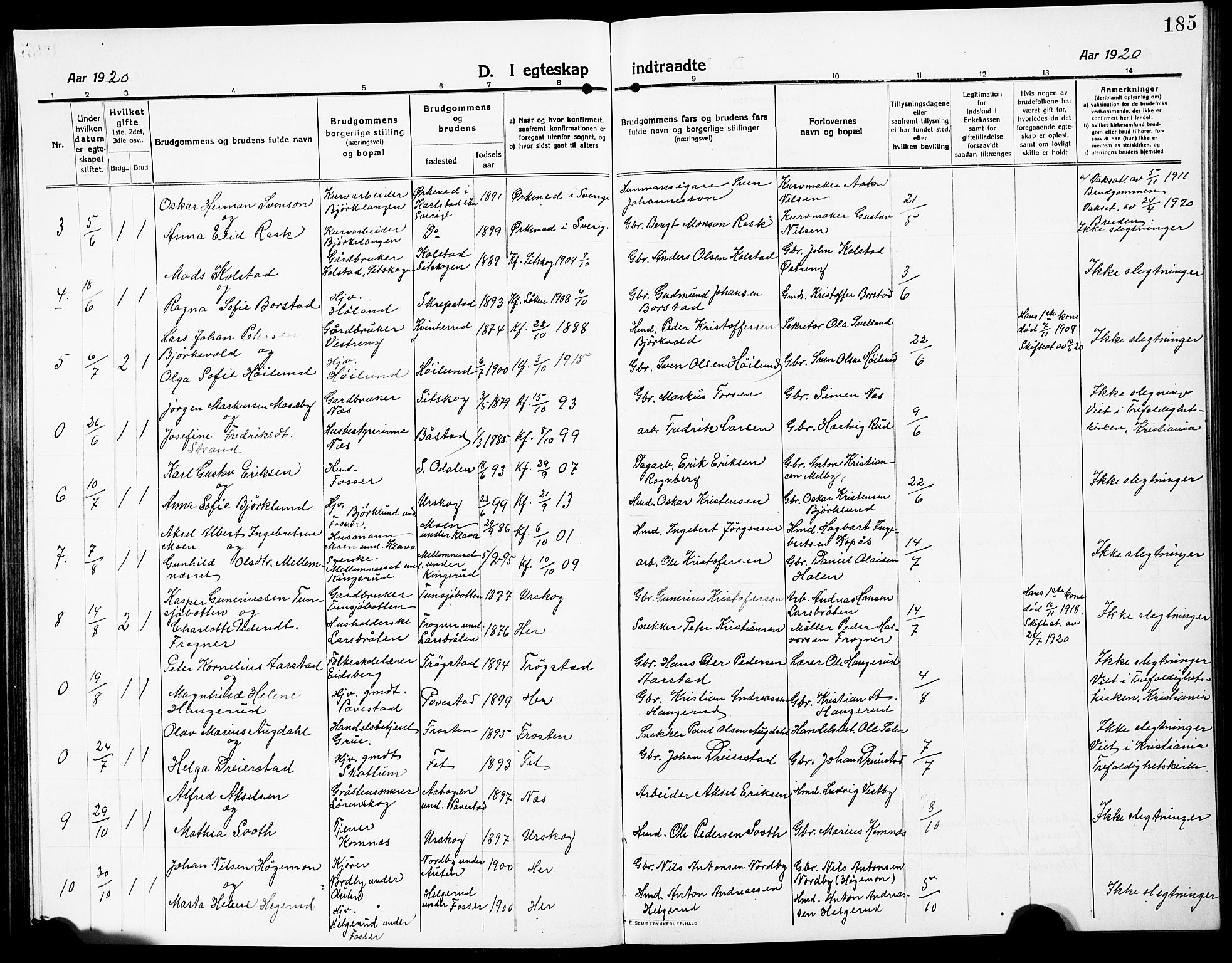 Høland prestekontor Kirkebøker, SAO/A-10346a/G/Ga/L0008: Parish register (copy) no. I 8, 1915-1929, p. 185