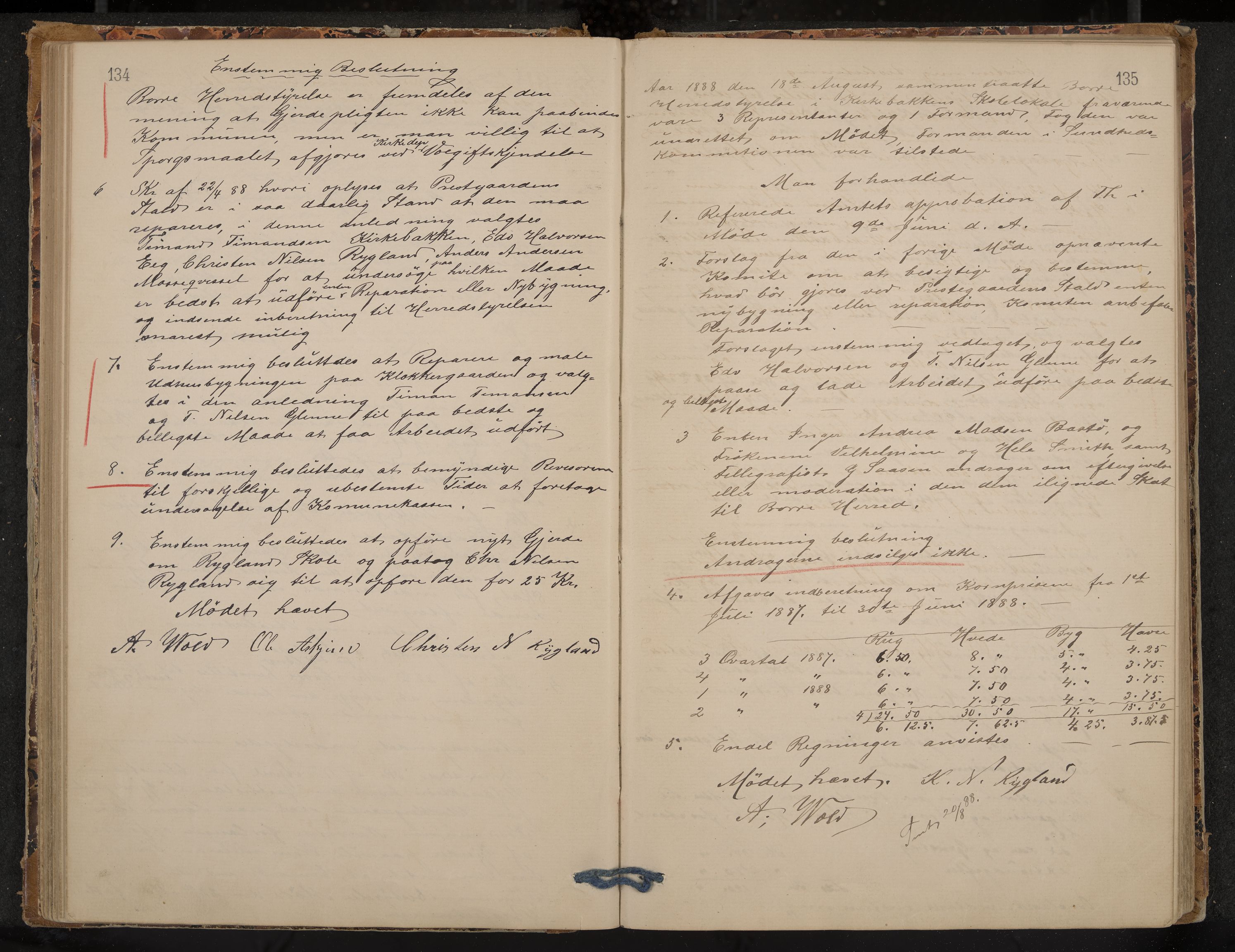 Borre formannskap og sentraladministrasjon, IKAK/0717021/A/L0002: Møtebok, 1881-1895, p. 134-135