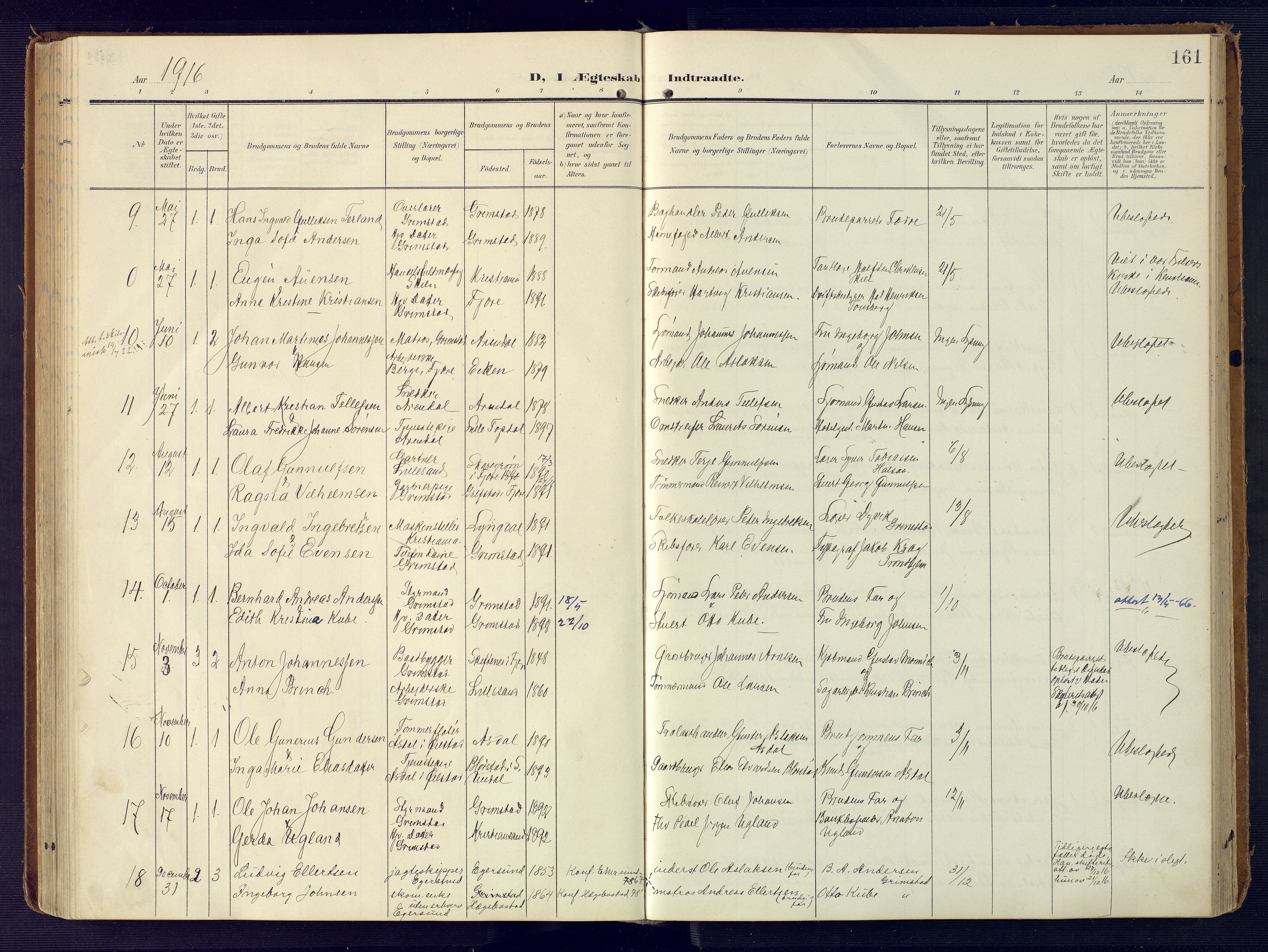 Grimstad sokneprestkontor, AV/SAK-1111-0017/F/Fa/L0005: Parish register (official) no. A 4, 1911-1924, p. 161