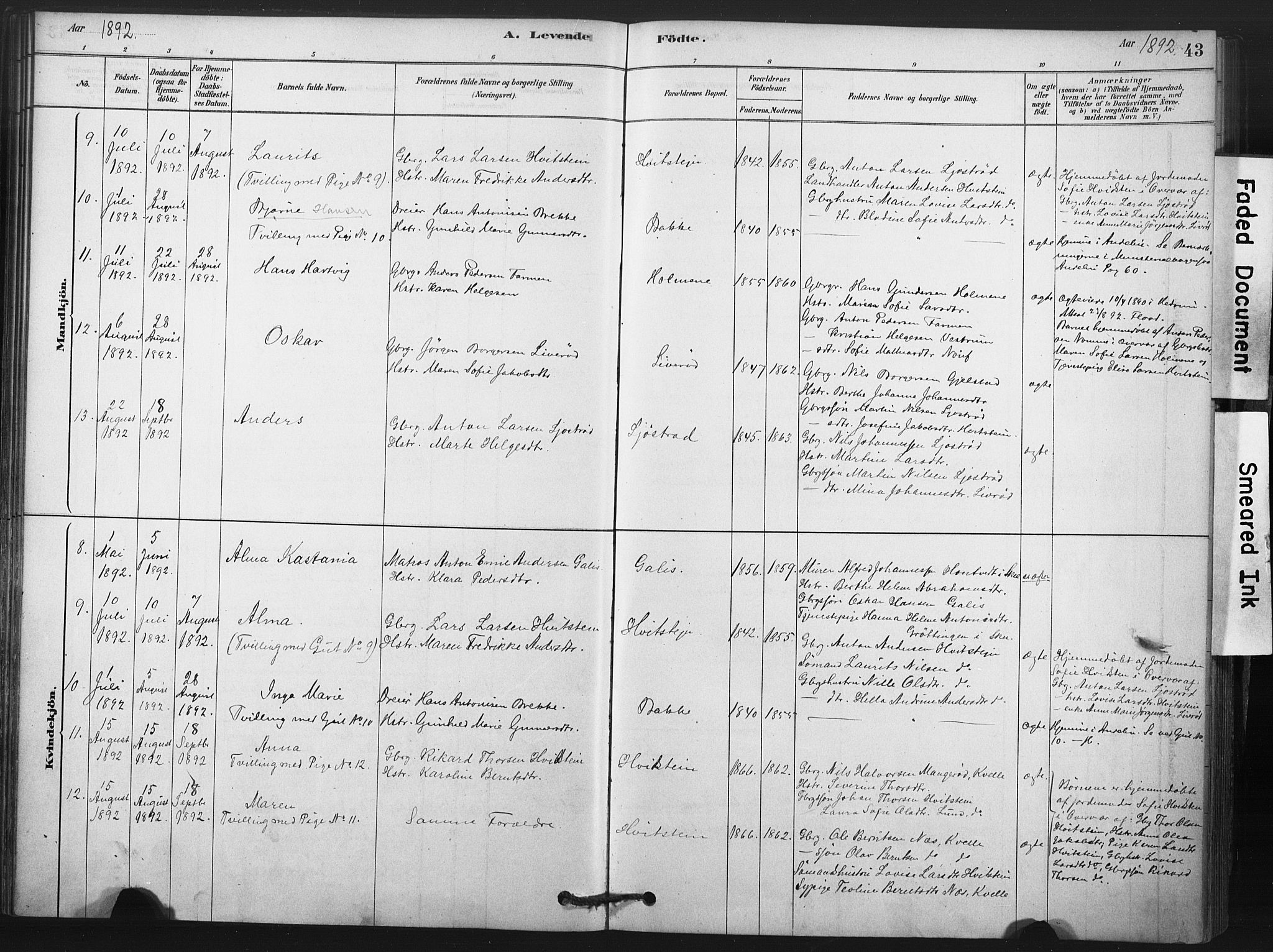 Andebu kirkebøker, AV/SAKO-A-336/F/Fa/L0008: Parish register (official) no. 8, 1878-1902, p. 43