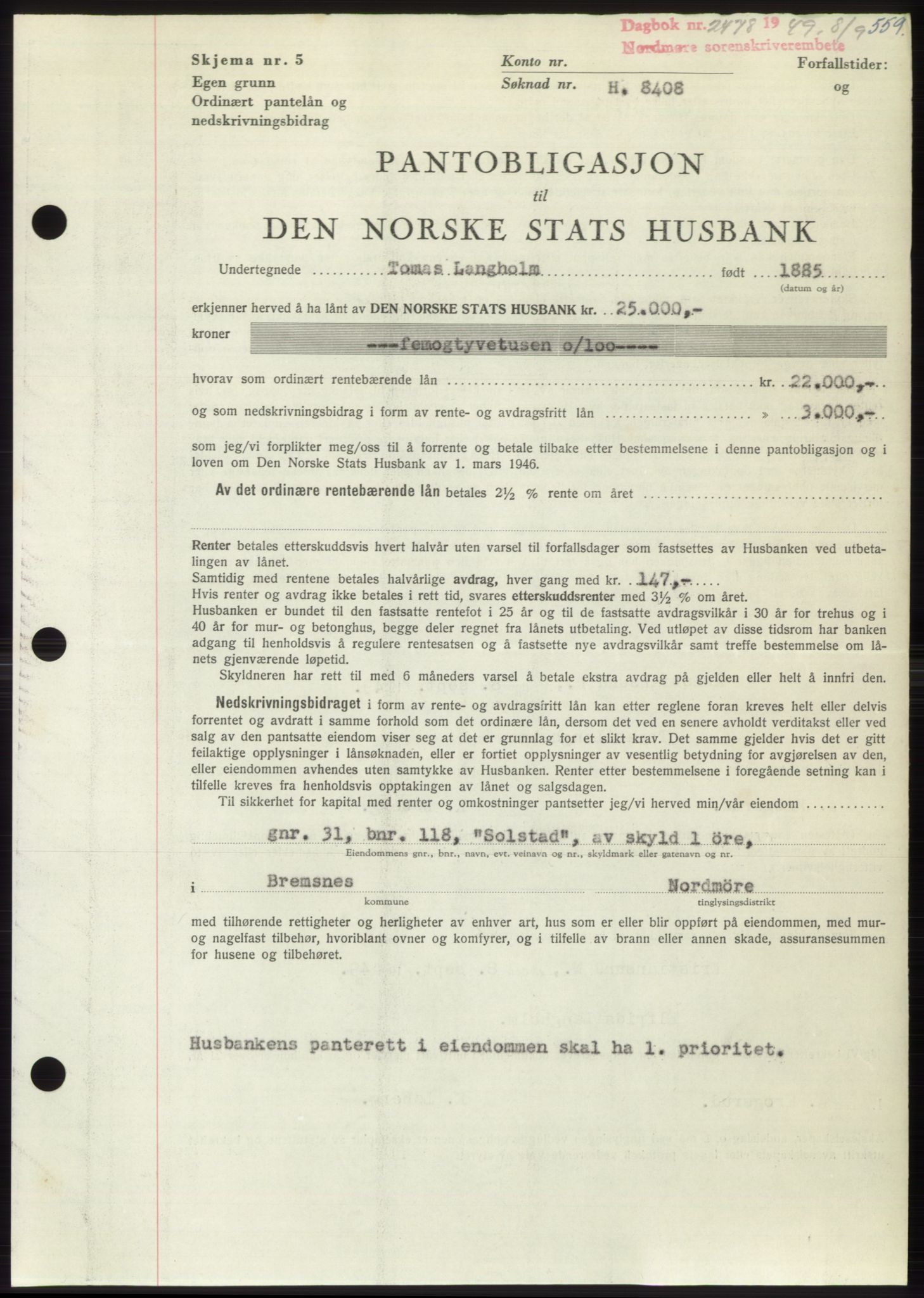 Nordmøre sorenskriveri, AV/SAT-A-4132/1/2/2Ca: Mortgage book no. B102, 1949-1949, Diary no: : 2478/1949