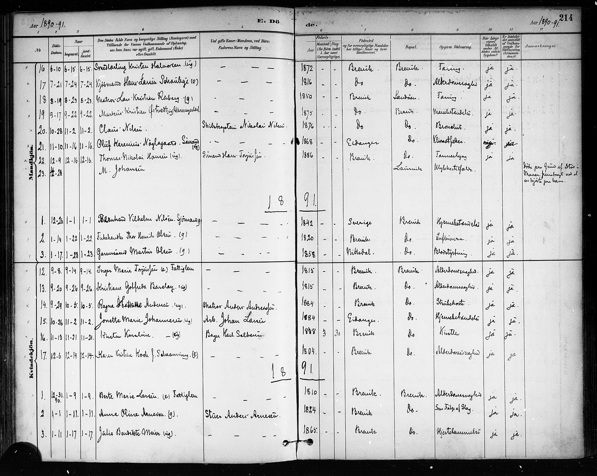 Brevik kirkebøker, SAKO/A-255/F/Fa/L0007: Parish register (official) no. 7, 1882-1900, p. 214