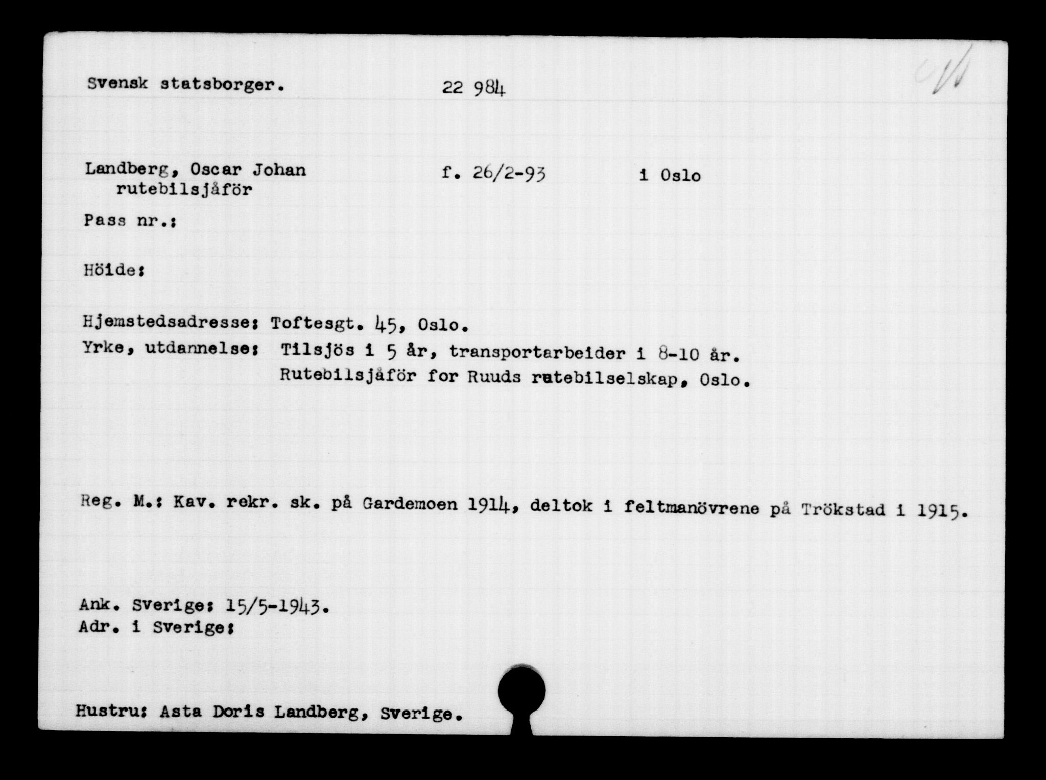 Den Kgl. Norske Legasjons Flyktningskontor, RA/S-6753/V/Va/L0010: Kjesäterkartoteket.  Flyktningenr. 22000-25314, 1940-1945, p. 1063