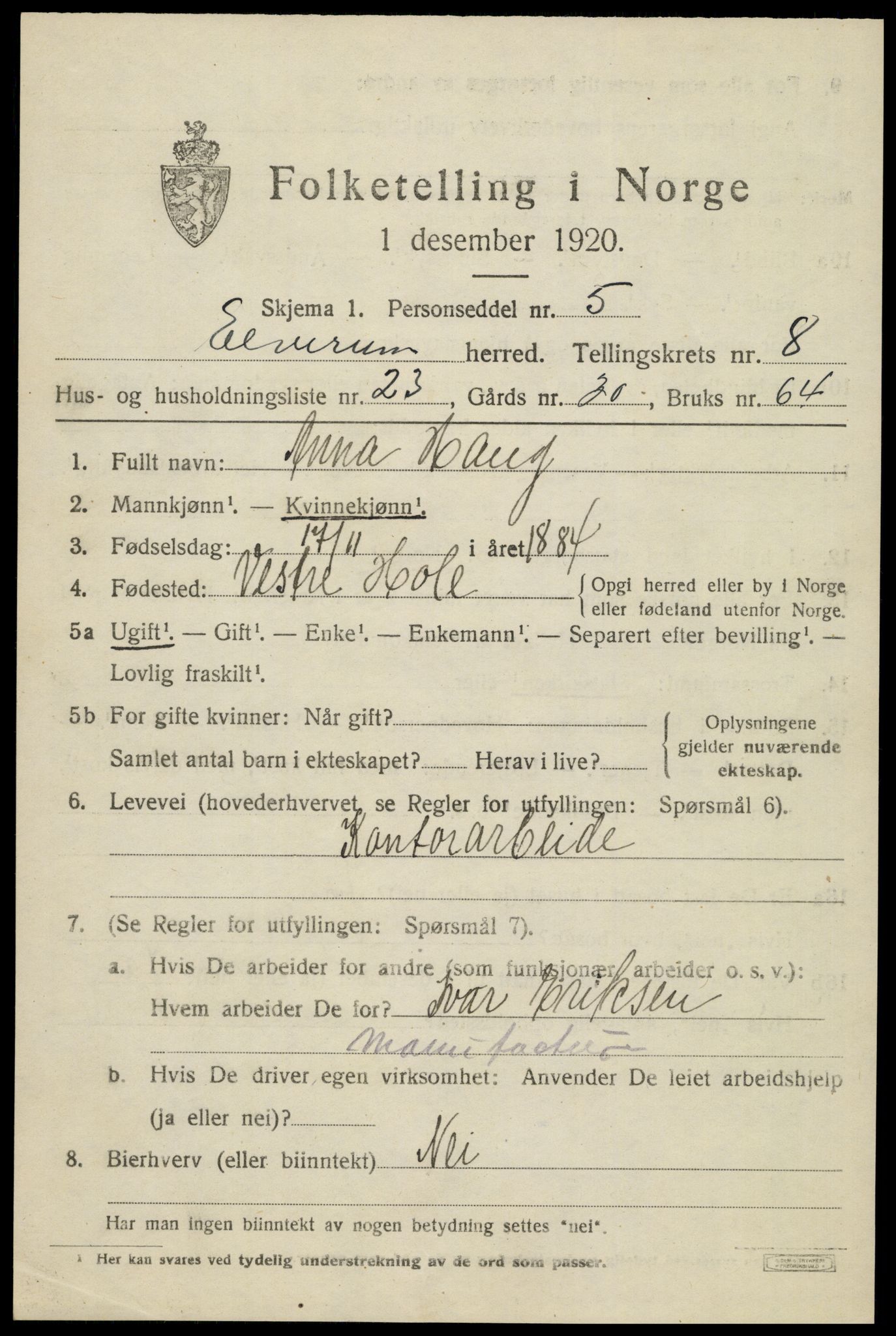 SAH, 1920 census for Elverum, 1920, p. 13560