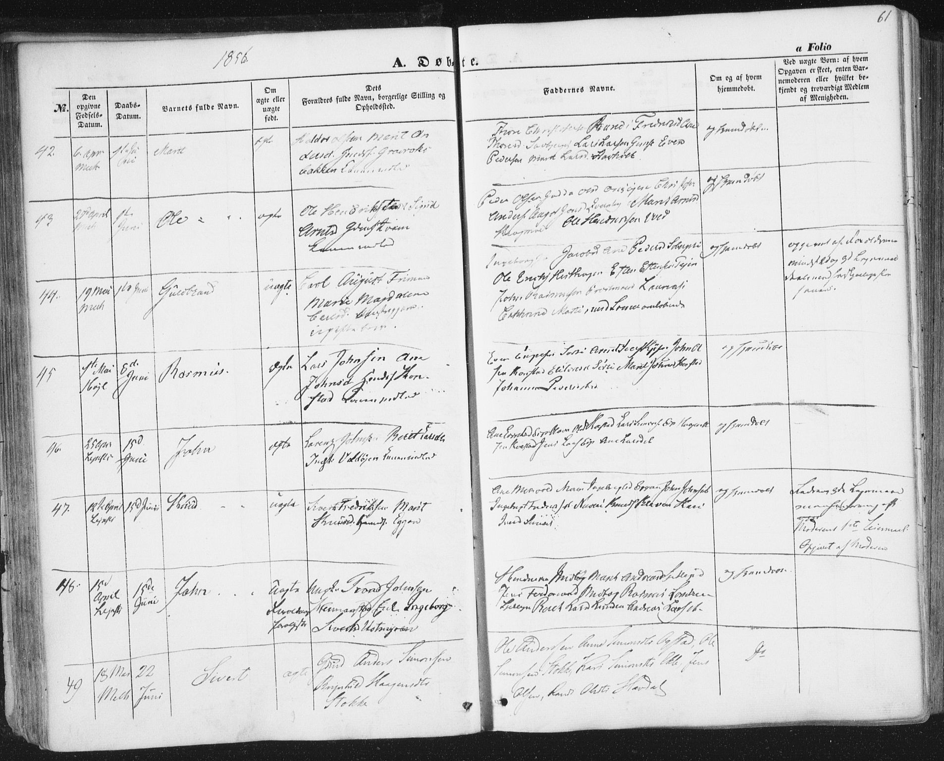 Ministerialprotokoller, klokkerbøker og fødselsregistre - Sør-Trøndelag, SAT/A-1456/691/L1076: Parish register (official) no. 691A08, 1852-1861, p. 61