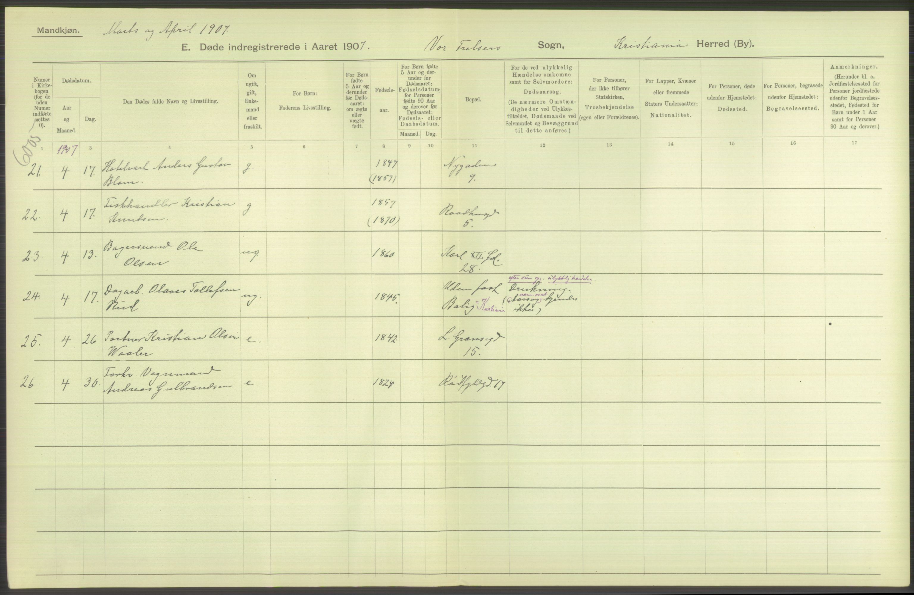 Statistisk sentralbyrå, Sosiodemografiske emner, Befolkning, AV/RA-S-2228/D/Df/Dfa/Dfae/L0010: Kristiania: Døde, dødfødte, 1907, p. 424