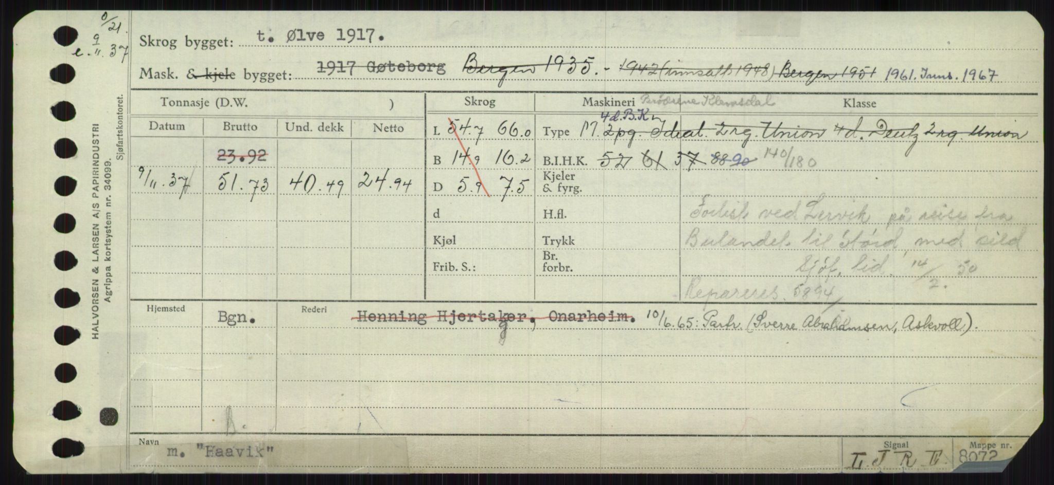 Sjøfartsdirektoratet med forløpere, Skipsmålingen, RA/S-1627/H/Ha/L0003/0001: Fartøy, Hilm-Mar / Fartøy, Hilm-Kol, p. 263