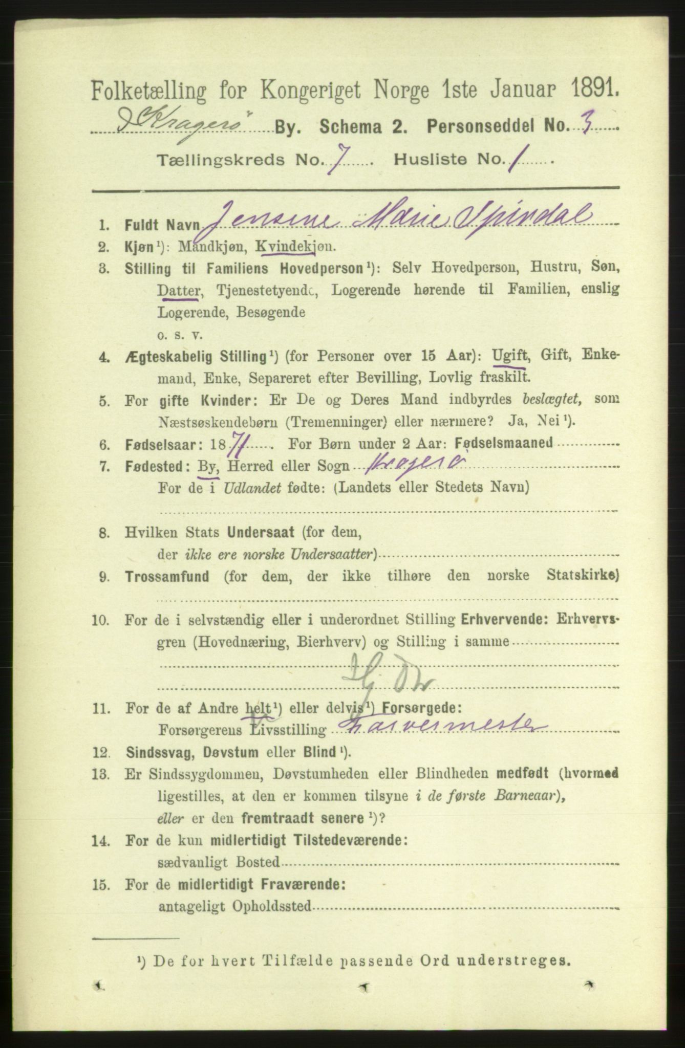 RA, 1891 census for 0801 Kragerø, 1891, p. 3470