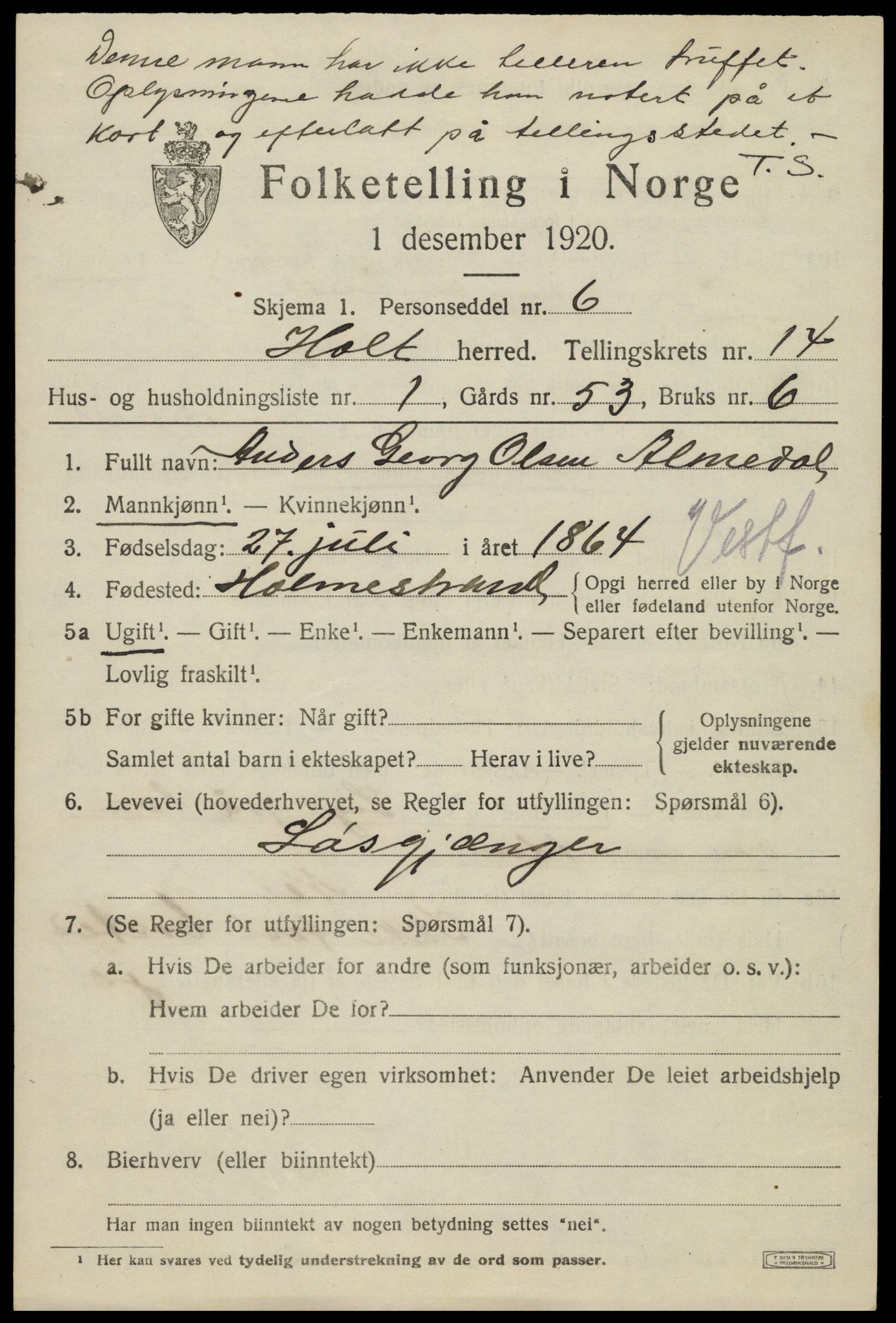 SAK, 1920 census for Holt, 1920, p. 7988