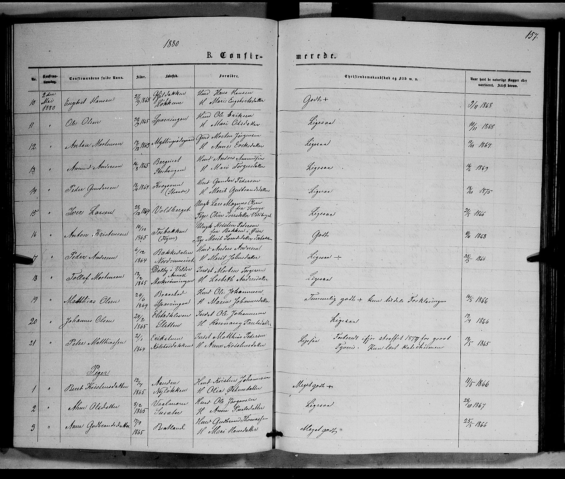 Ringebu prestekontor, SAH/PREST-082/H/Ha/Hab/L0006: Parish register (copy) no. 6, 1880-1898, p. 157