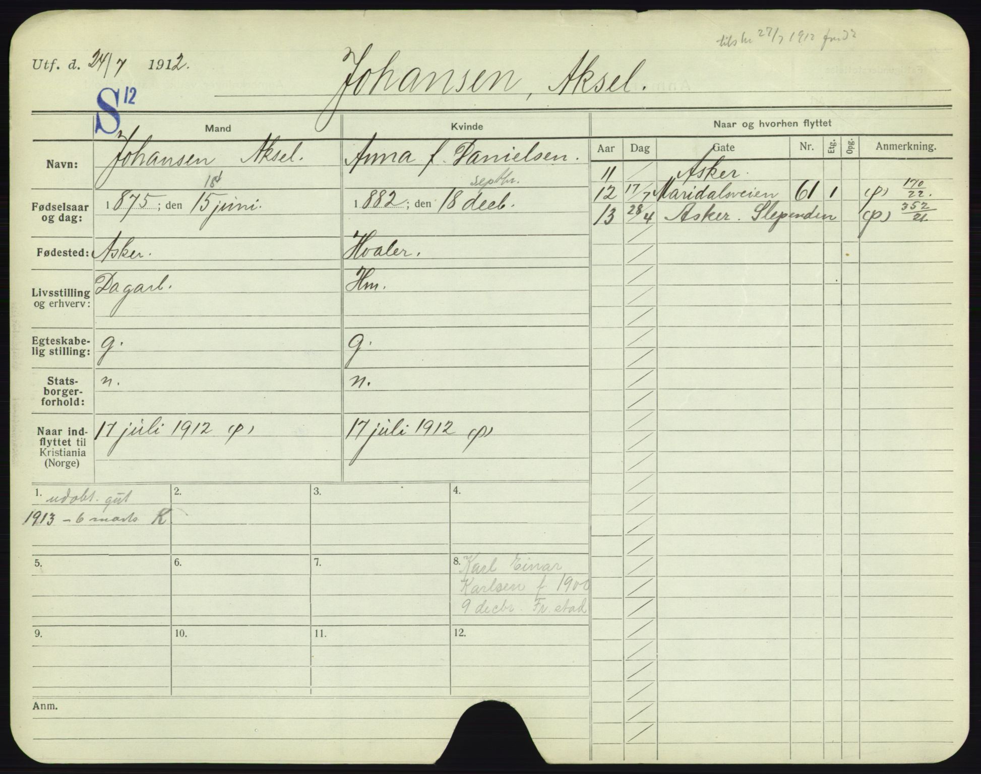 Oslo folkeregister, Registerkort, AV/SAO-A-11715/F/Fa/Fac/L0005: Menn, 1906-1914, p. 409a