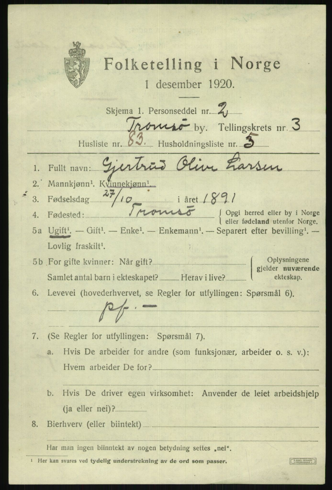 SATØ, 1920 census for Tromsø, 1920, p. 11757