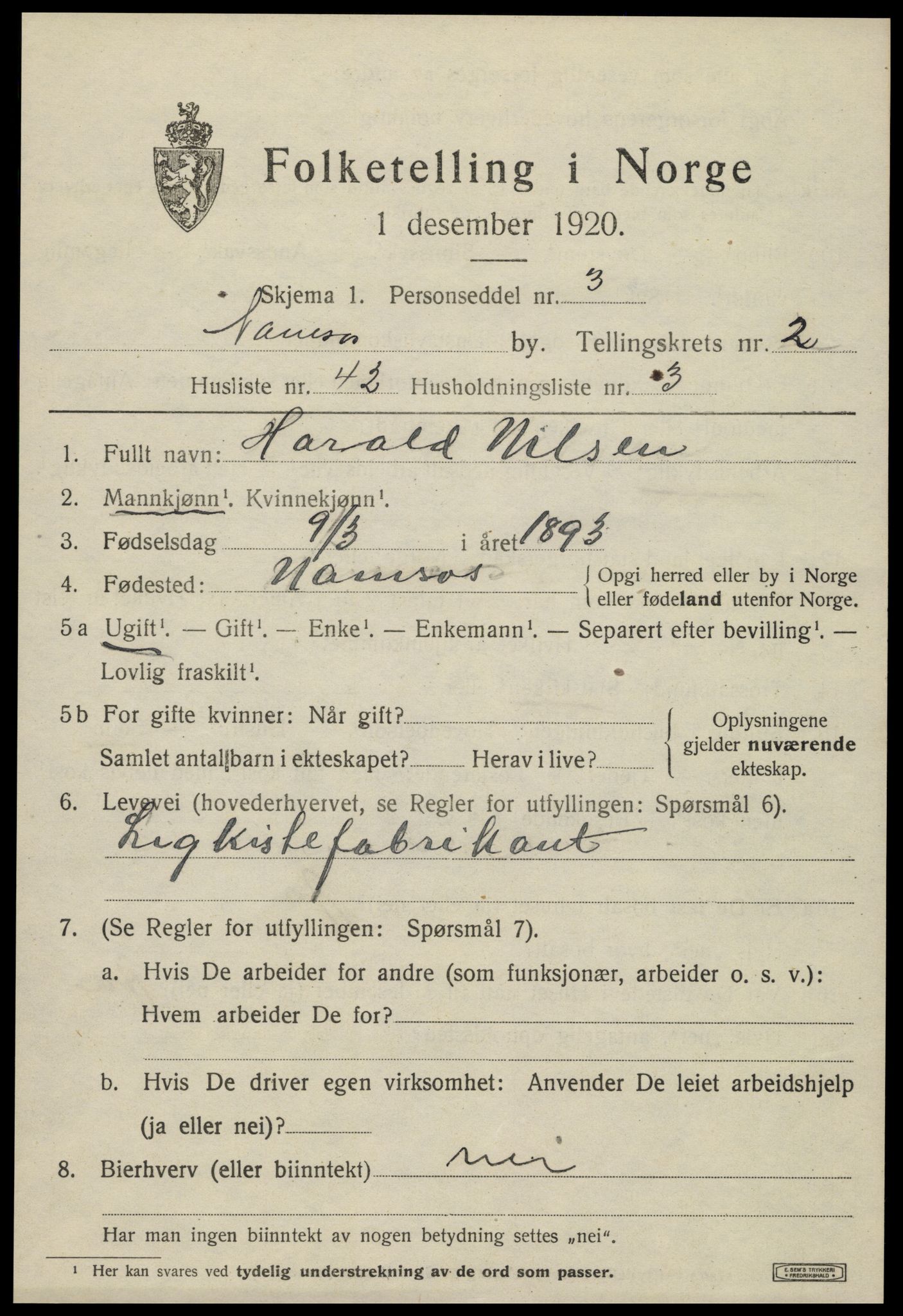 SAT, 1920 census for Namsos, 1920, p. 3711