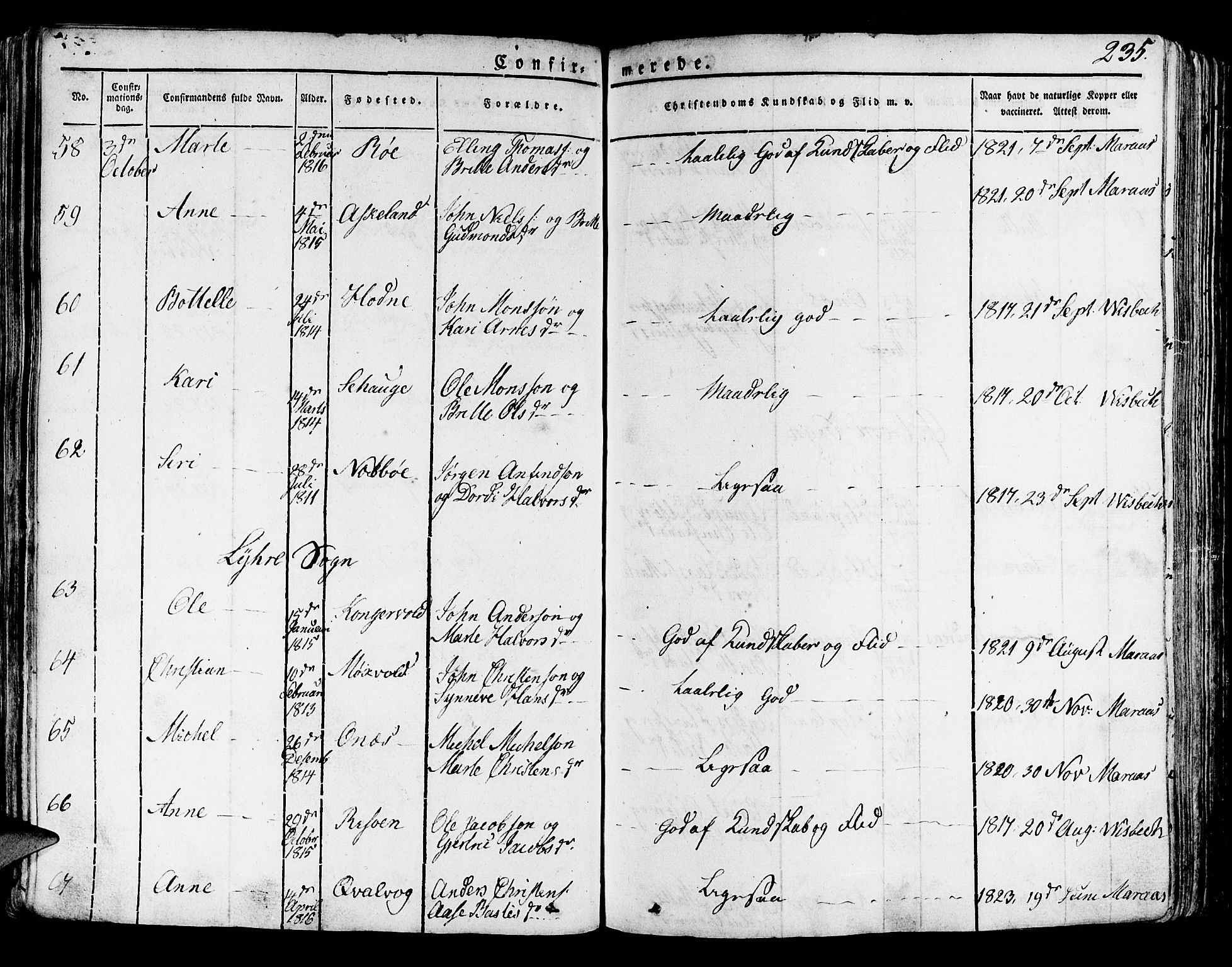 Lindås Sokneprestembete, AV/SAB-A-76701/H/Haa/Haaa/L0008: Parish register (official) no. A 8, 1823-1836, p. 235