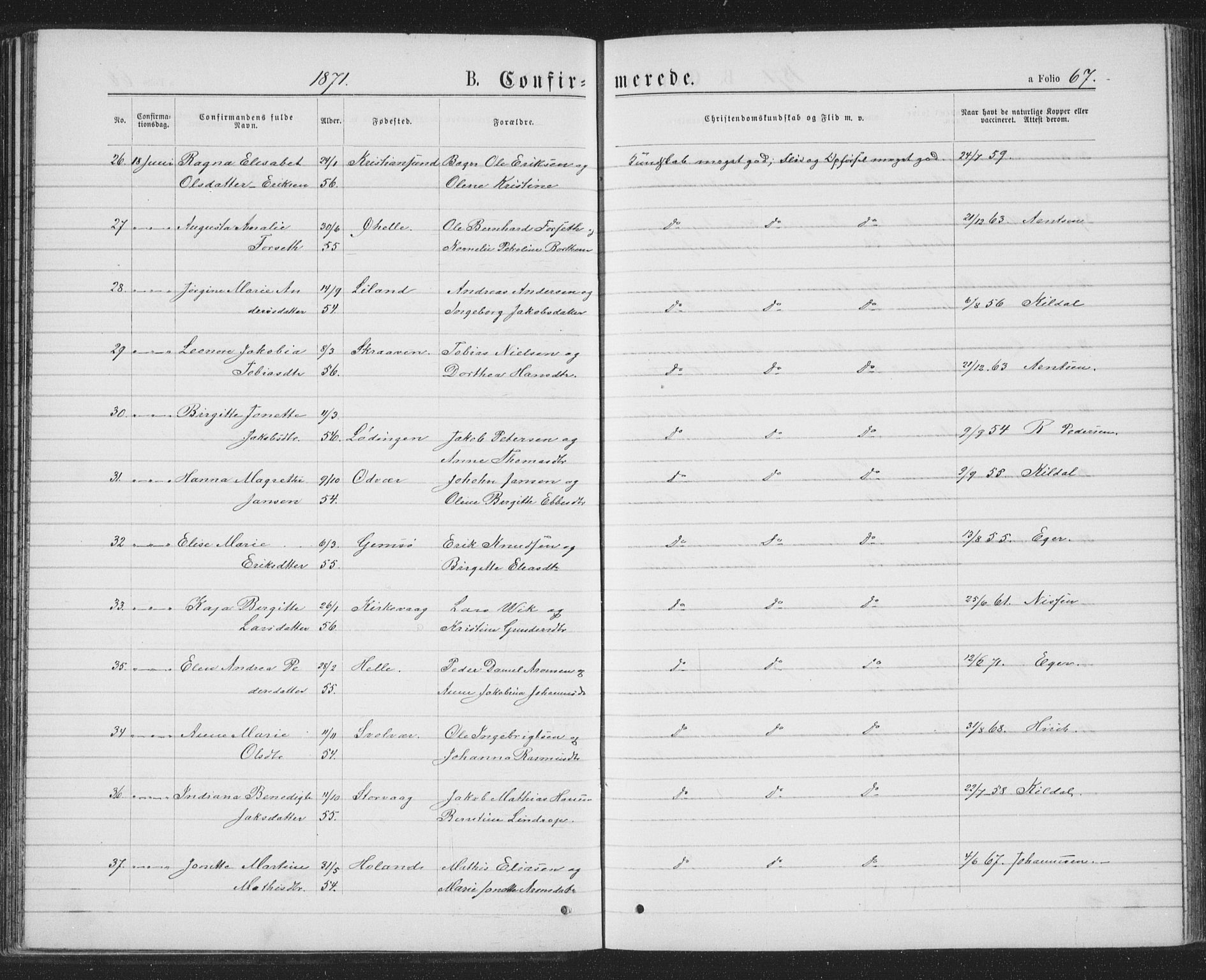 Ministerialprotokoller, klokkerbøker og fødselsregistre - Nordland, AV/SAT-A-1459/874/L1074: Parish register (copy) no. 874C03, 1870-1876, p. 67