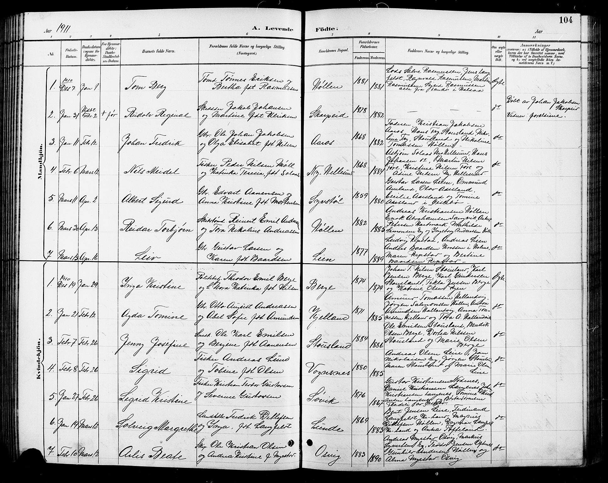 Søgne sokneprestkontor, SAK/1111-0037/F/Fb/Fbb/L0006: Parish register (copy) no. B 6, 1892-1911, p. 104