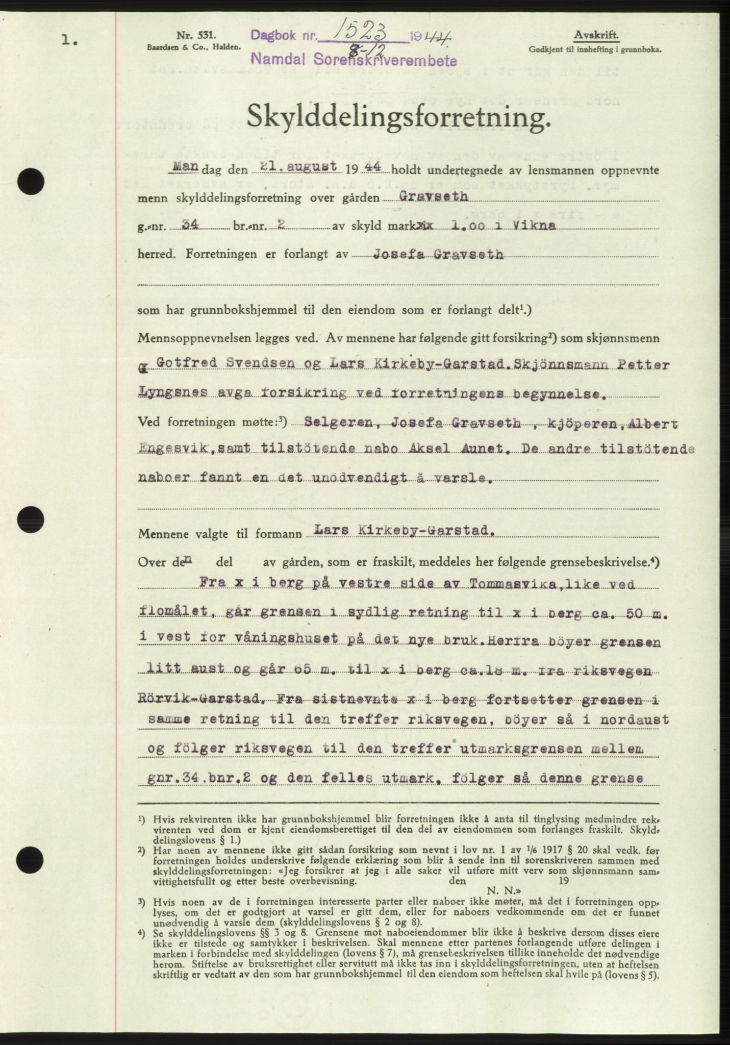 Namdal sorenskriveri, SAT/A-4133/1/2/2C: Mortgage book no. -, 1944-1945, Diary no: : 1523/1944