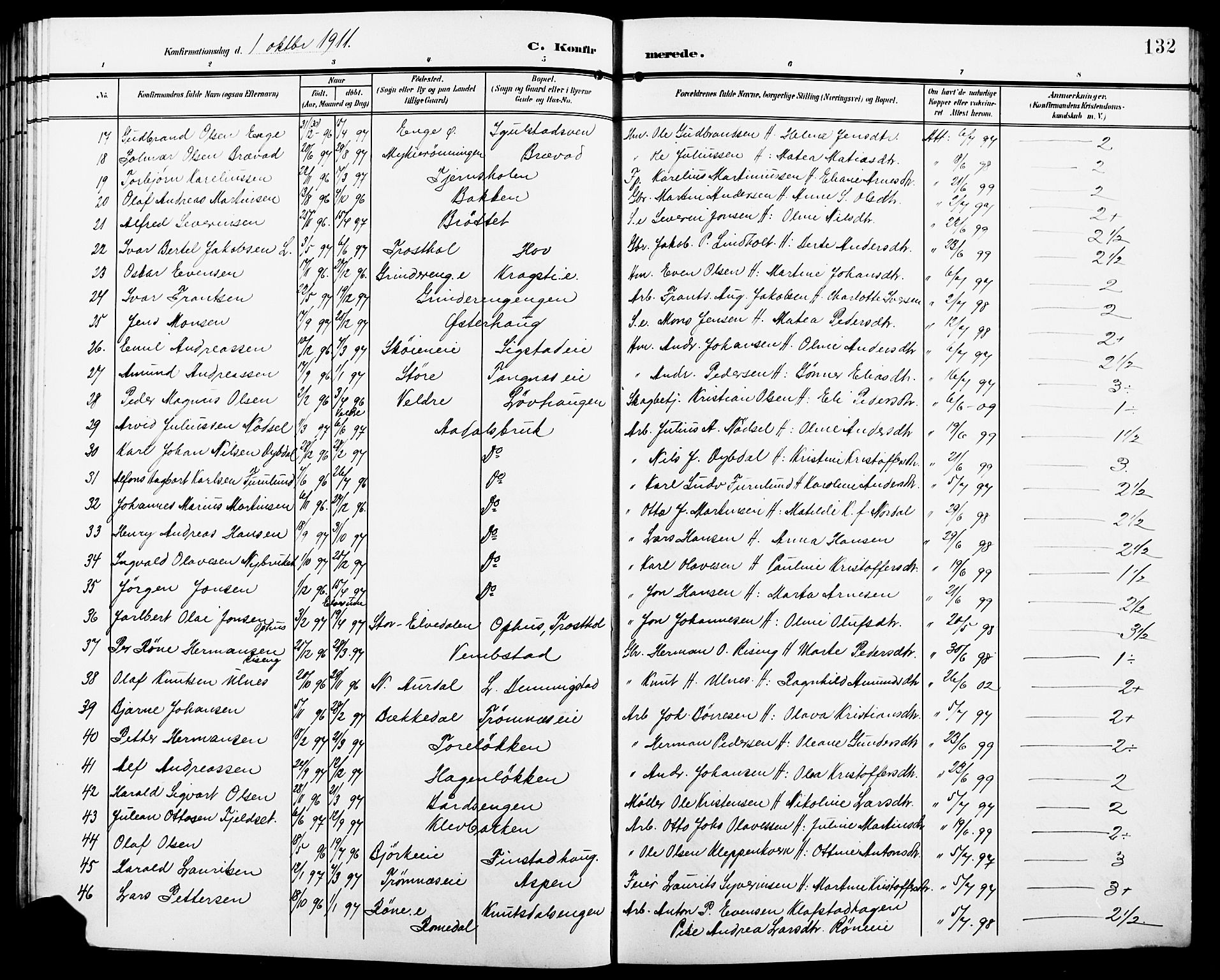 Løten prestekontor, SAH/PREST-022/L/La/L0007: Parish register (copy) no. 7, 1910-1919, p. 132