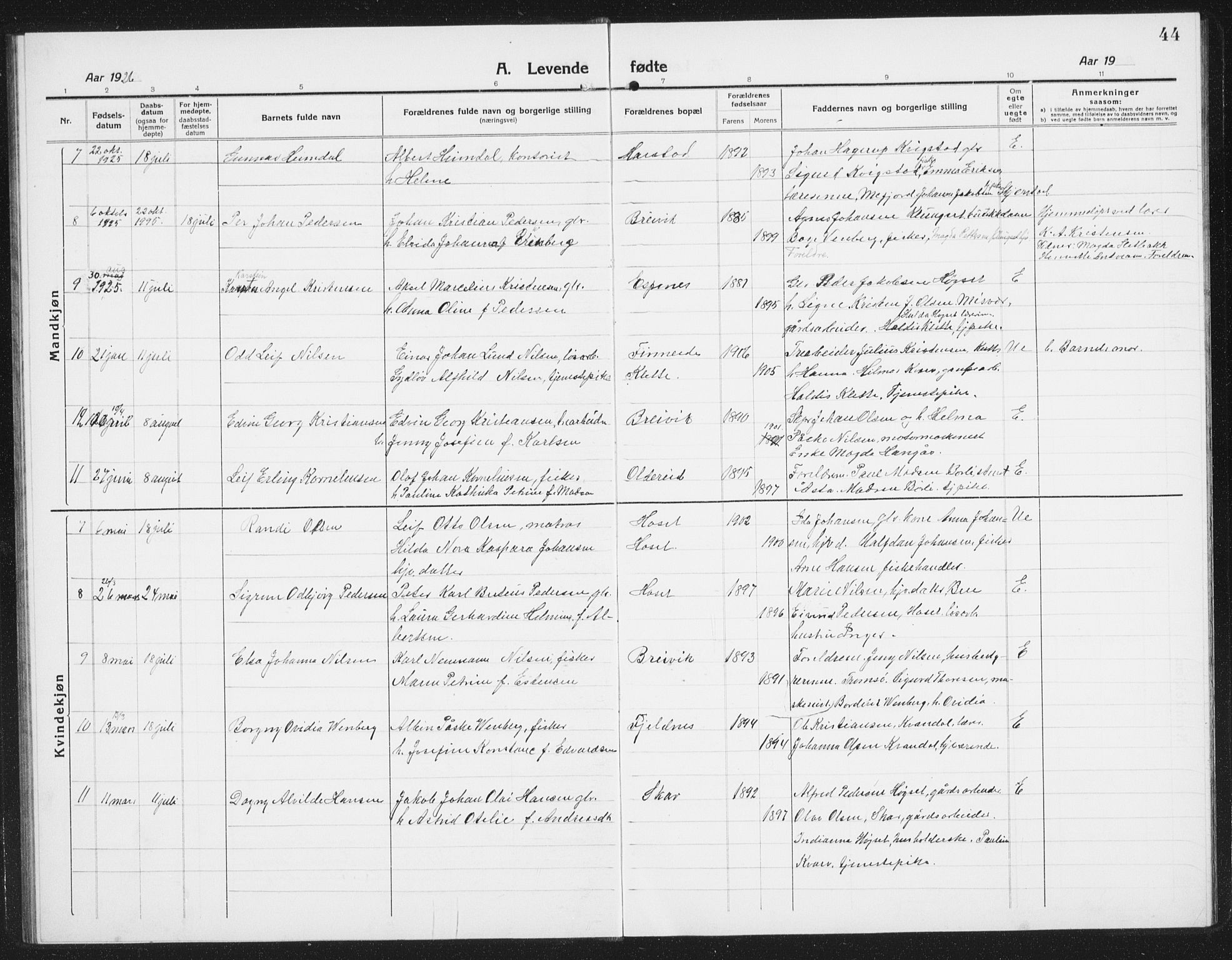 Ministerialprotokoller, klokkerbøker og fødselsregistre - Nordland, AV/SAT-A-1459/852/L0757: Parish register (copy) no. 852C08, 1916-1934, p. 44