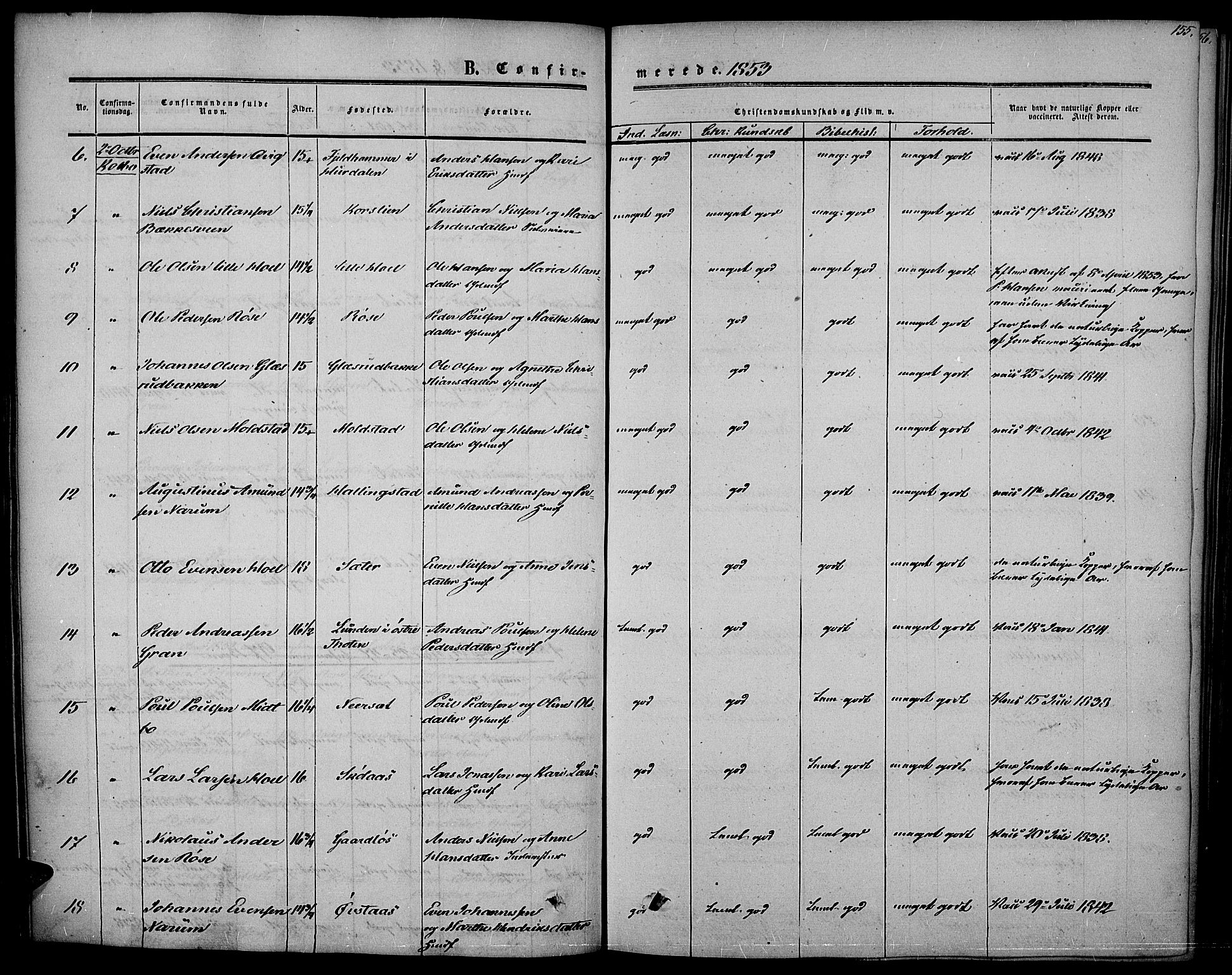 Vestre Toten prestekontor, AV/SAH-PREST-108/H/Ha/Haa/L0005: Parish register (official) no. 5, 1850-1855, p. 155