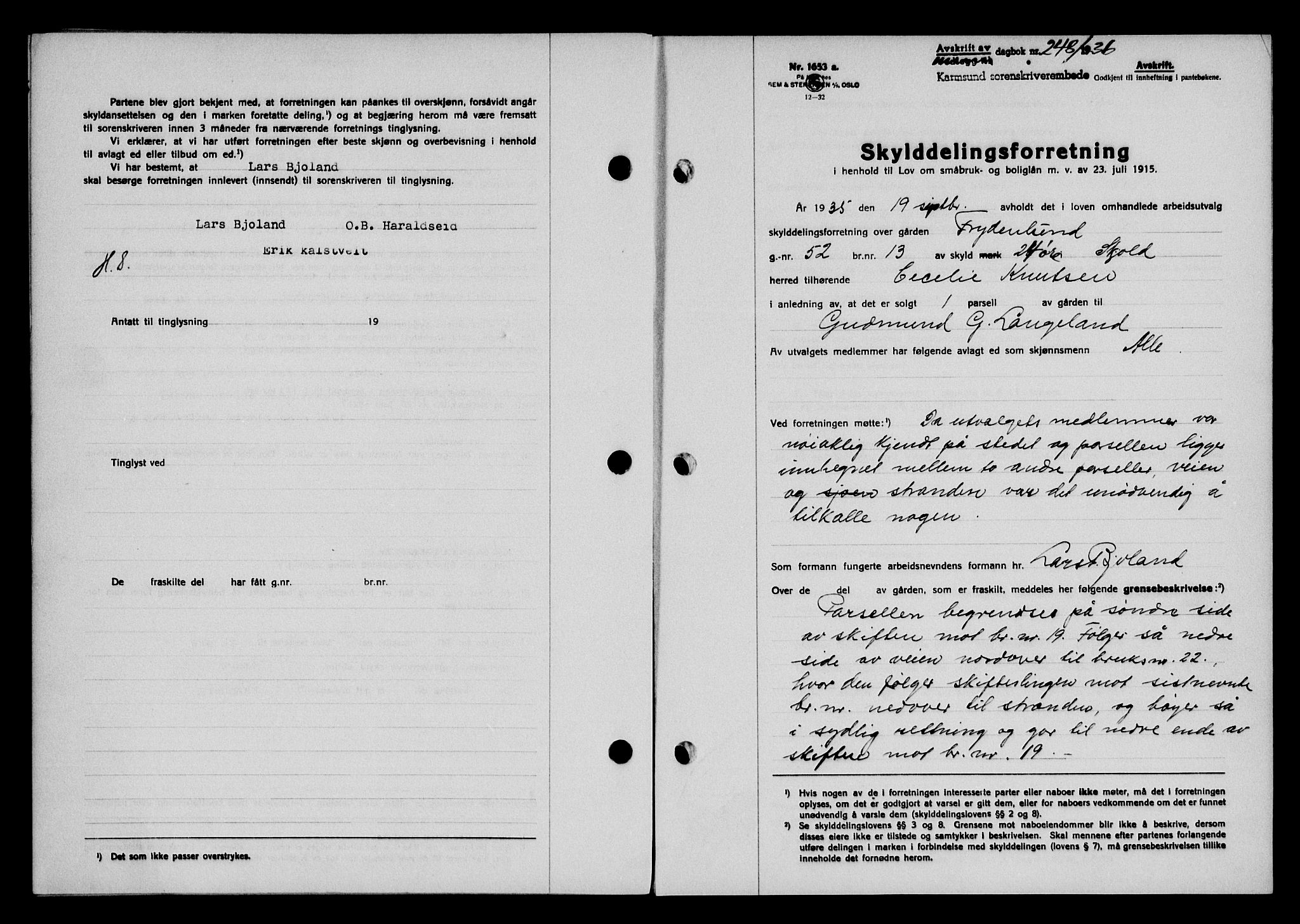 Karmsund sorenskriveri, SAST/A-100311/01/II/IIB/L0066: Mortgage book no. 47A, 1936-1936, Diary no: : 248/1936