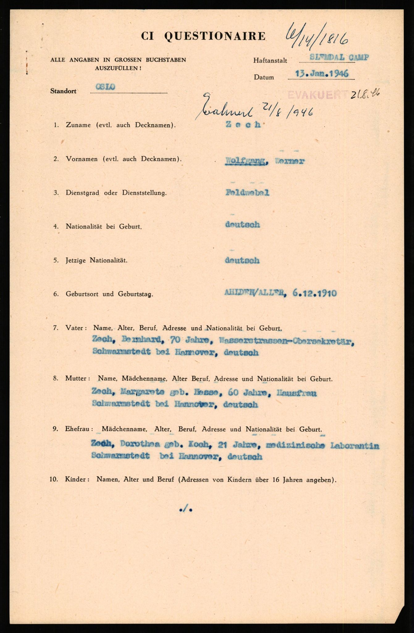 Forsvaret, Forsvarets overkommando II, AV/RA-RAFA-3915/D/Db/L0037: CI Questionaires. Tyske okkupasjonsstyrker i Norge. Tyskere., 1945-1946, p. 72