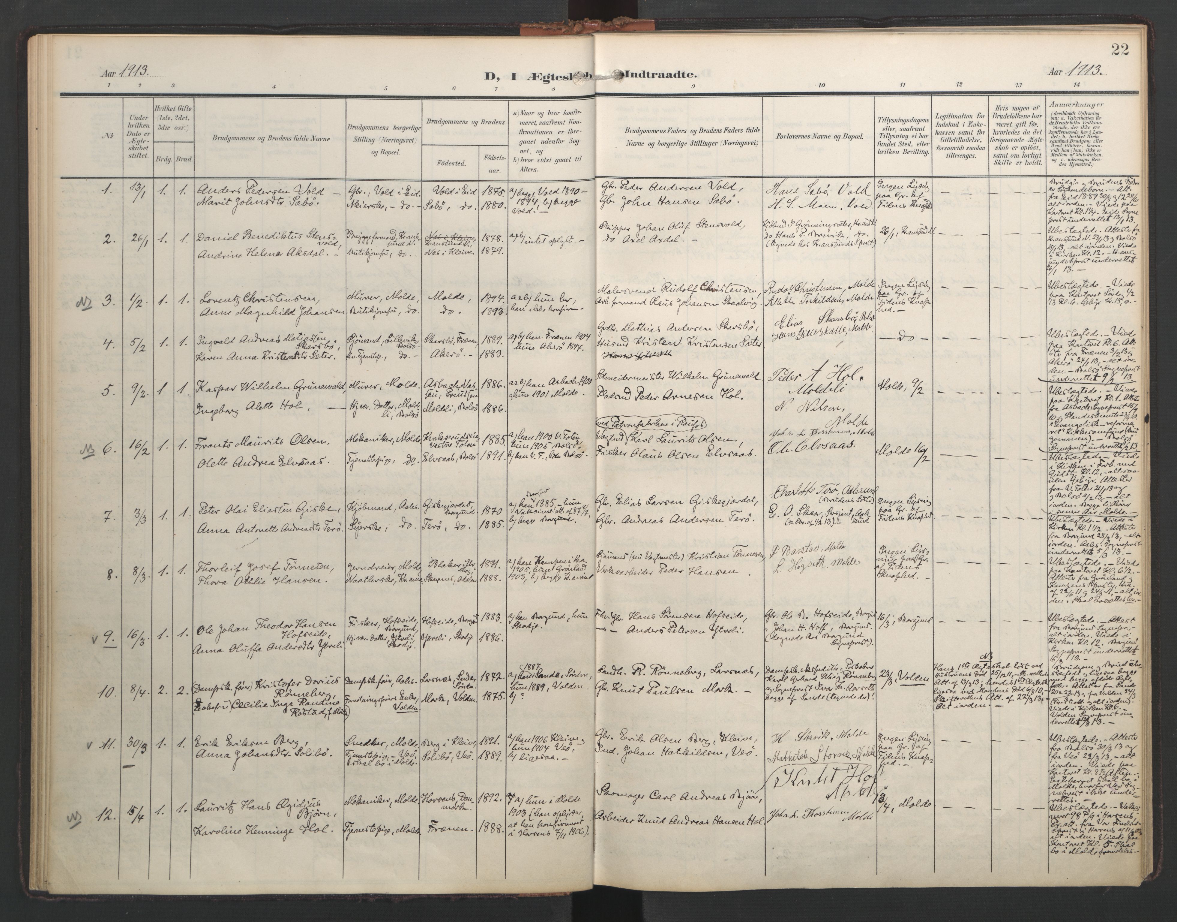 Ministerialprotokoller, klokkerbøker og fødselsregistre - Møre og Romsdal, AV/SAT-A-1454/558/L0694: Parish register (official) no. 558A08, 1907-1922, p. 22