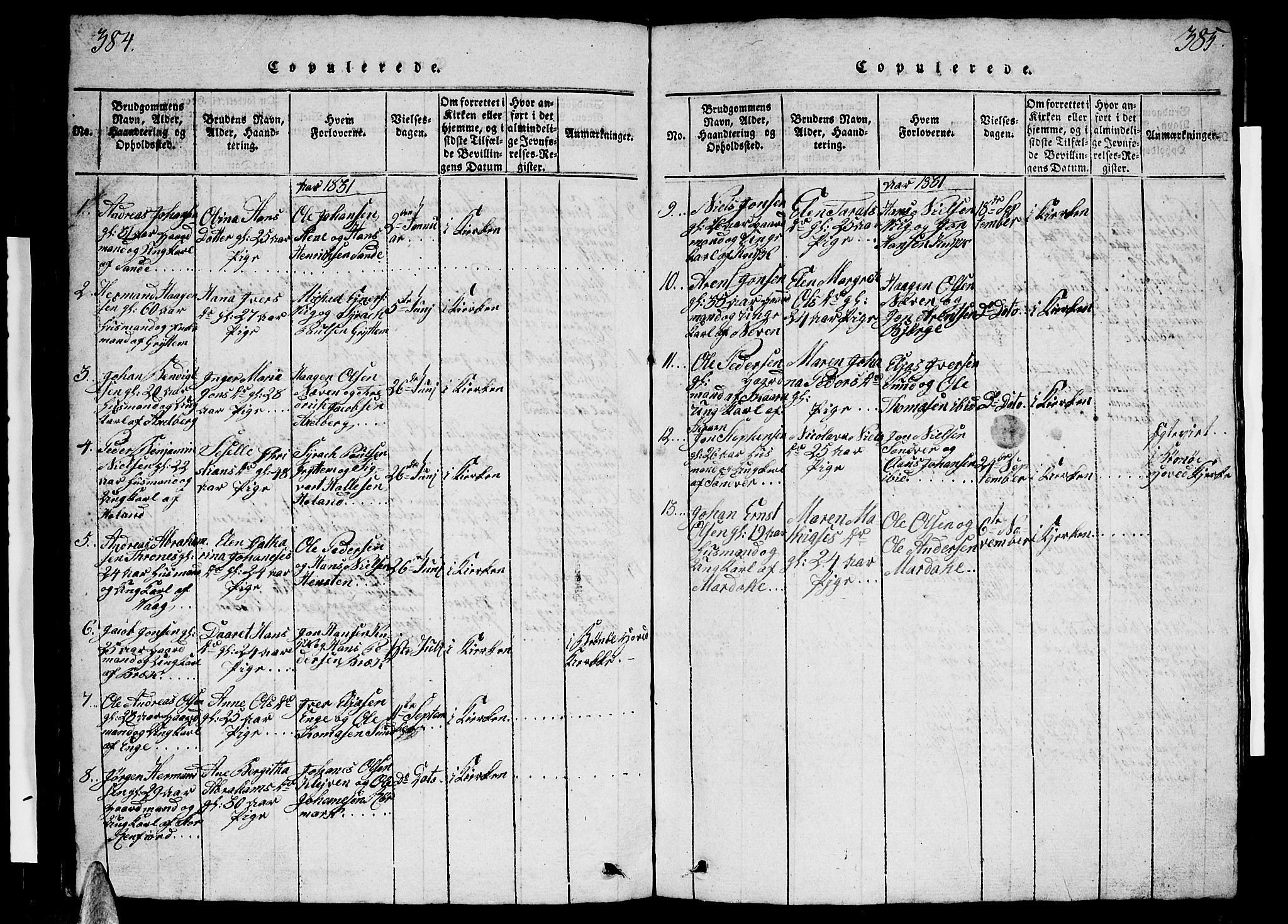 Ministerialprotokoller, klokkerbøker og fødselsregistre - Nordland, SAT/A-1459/812/L0186: Parish register (copy) no. 812C04, 1820-1849, p. 384-385