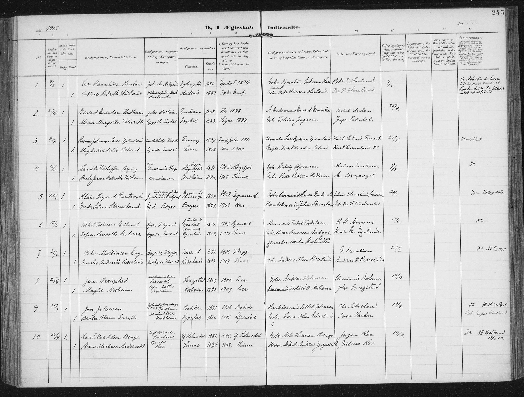 Lye sokneprestkontor, SAST/A-101794/002/A/L0001: Parish register (official) no. A 12, 1904-1920, p. 245