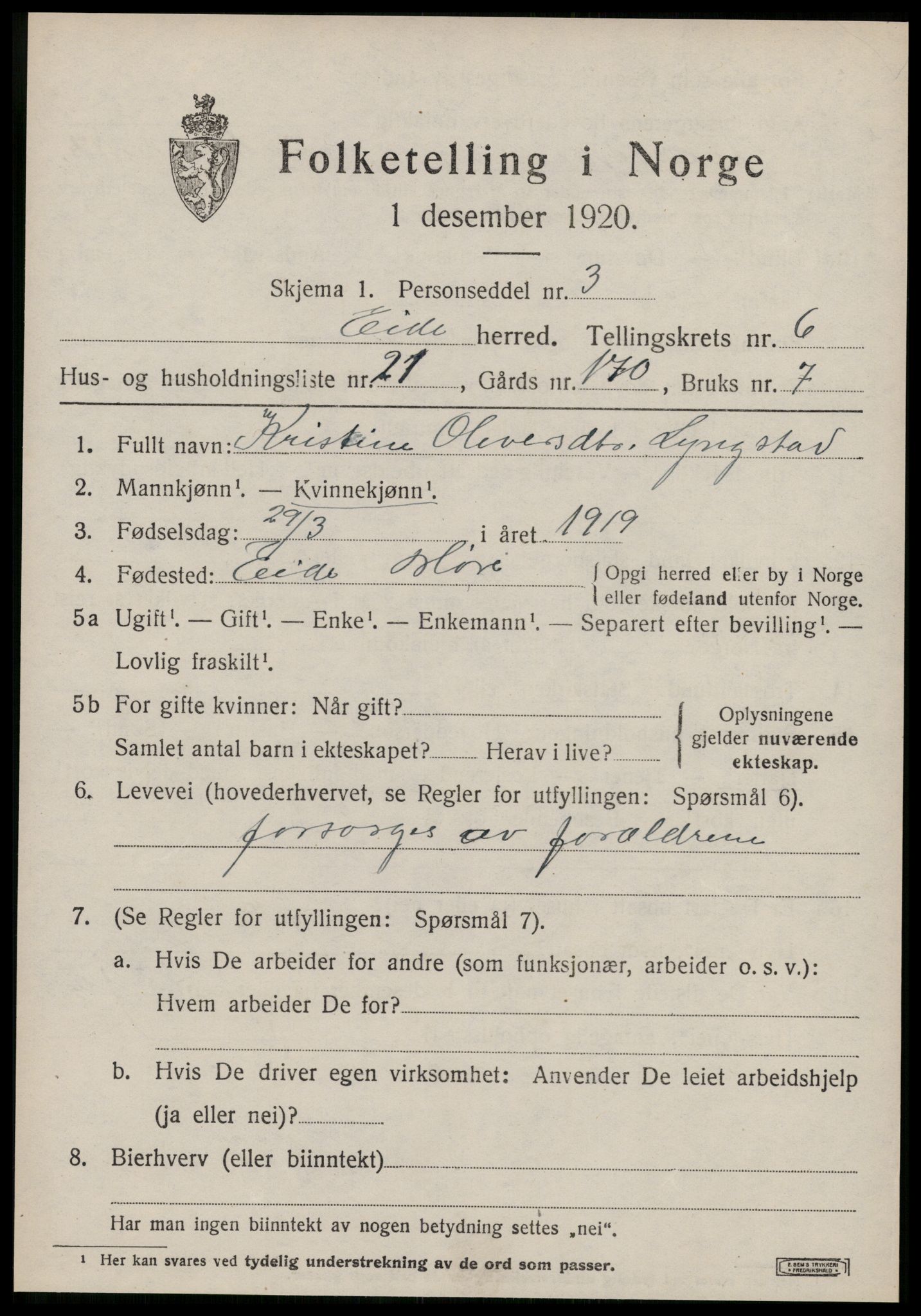 SAT, 1920 census for Eid (MR), 1920, p. 3064