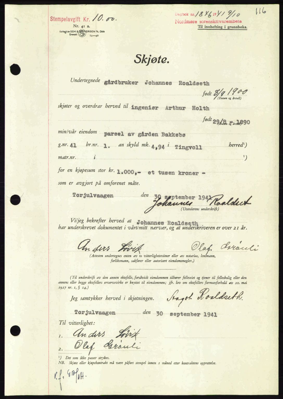 Nordmøre sorenskriveri, AV/SAT-A-4132/1/2/2Ca: Mortgage book no. A91, 1941-1942, Diary no: : 1846/1941