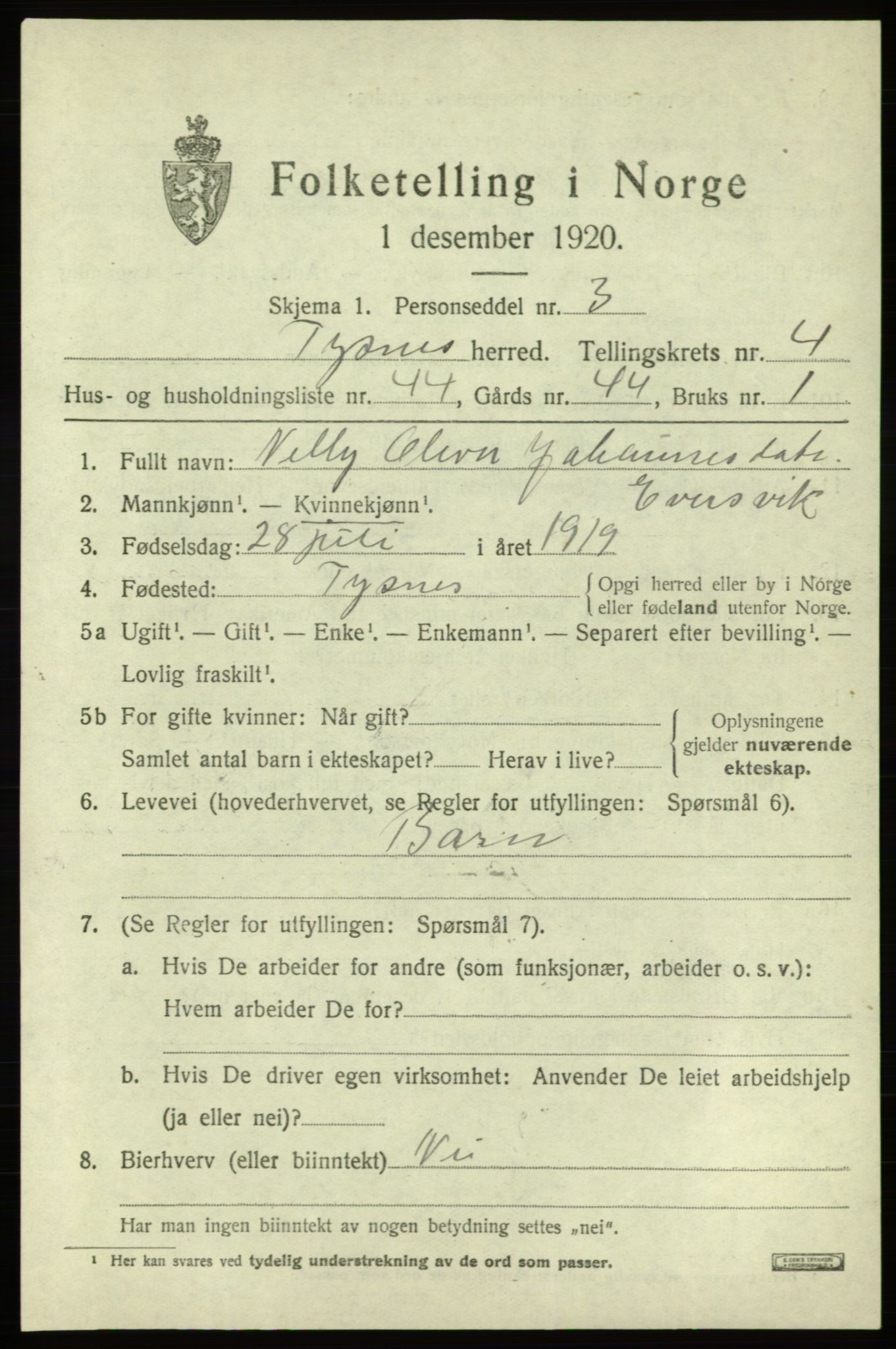 SAB, 1920 census for Tysnes, 1920, p. 3704