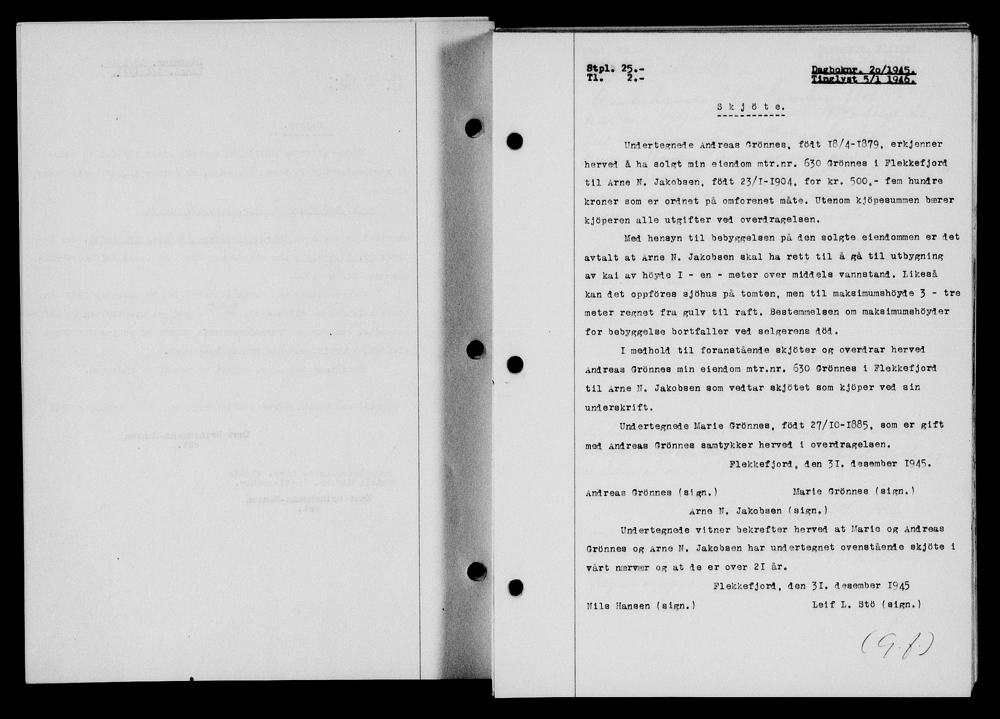 Flekkefjord sorenskriveri, SAK/1221-0001/G/Gb/Gba/L0060: Mortgage book no. A-8, 1945-1946, Diary no: : 20/1946