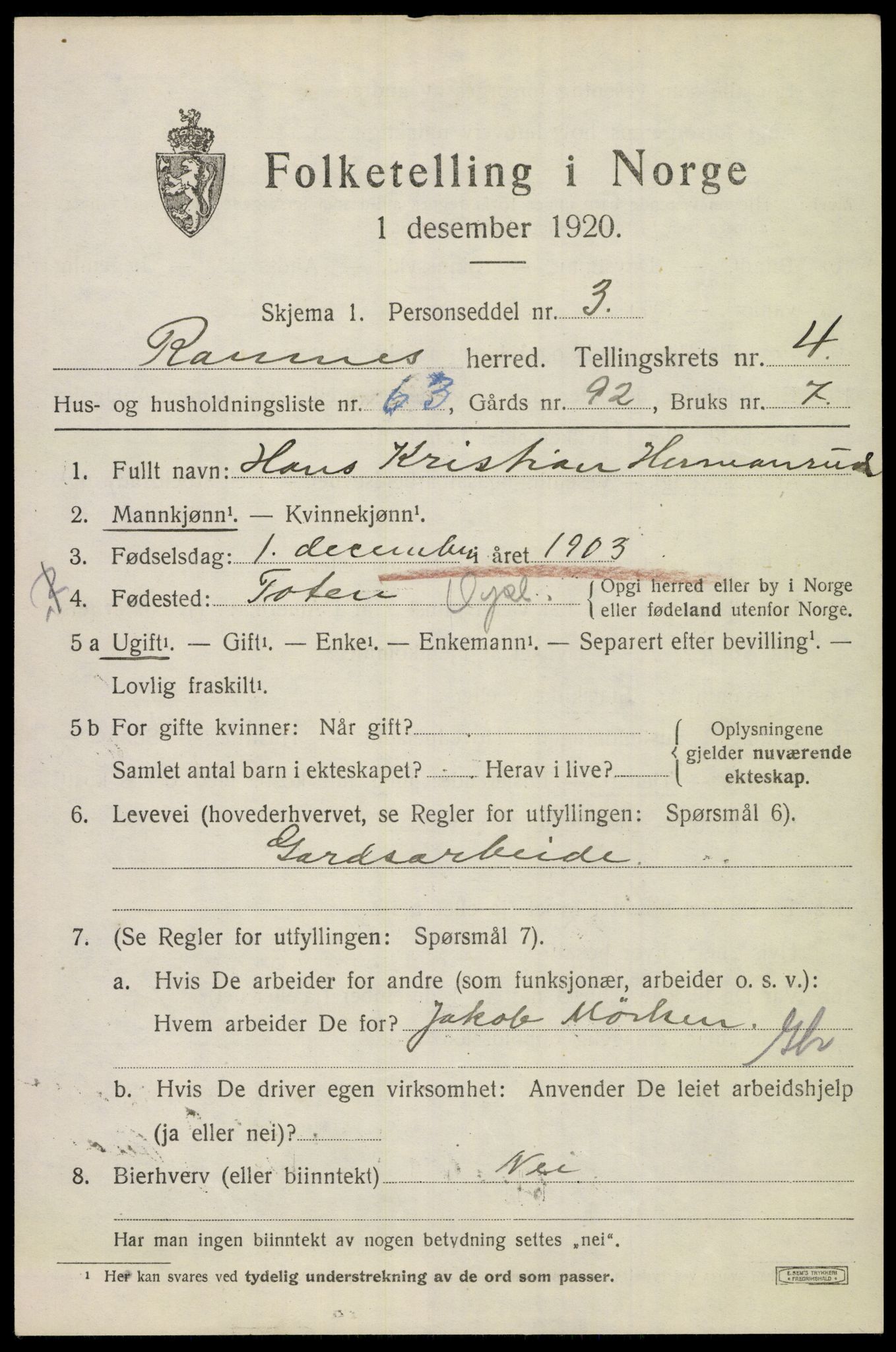 SAKO, 1920 census for Ramnes, 1920, p. 4962