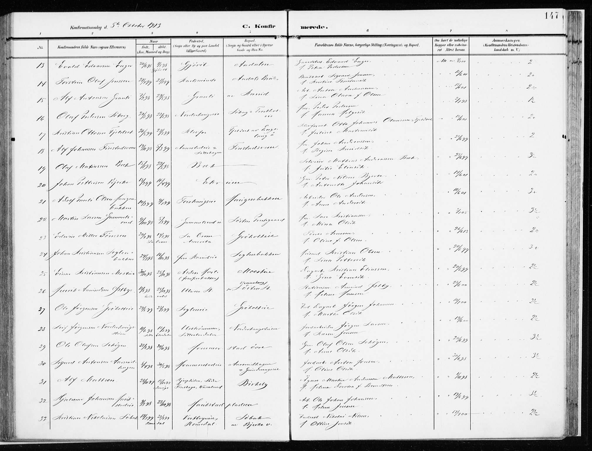 Løten prestekontor, AV/SAH-PREST-022/K/Ka/L0011: Parish register (official) no. 11, 1908-1917, p. 147