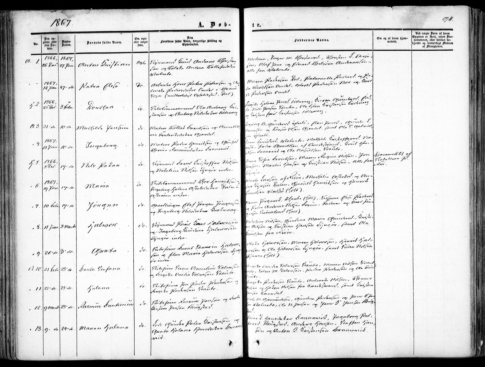 Dypvåg sokneprestkontor, SAK/1111-0007/F/Fa/Faa/L0006: Parish register (official) no. A 6, 1855-1872, p. 94