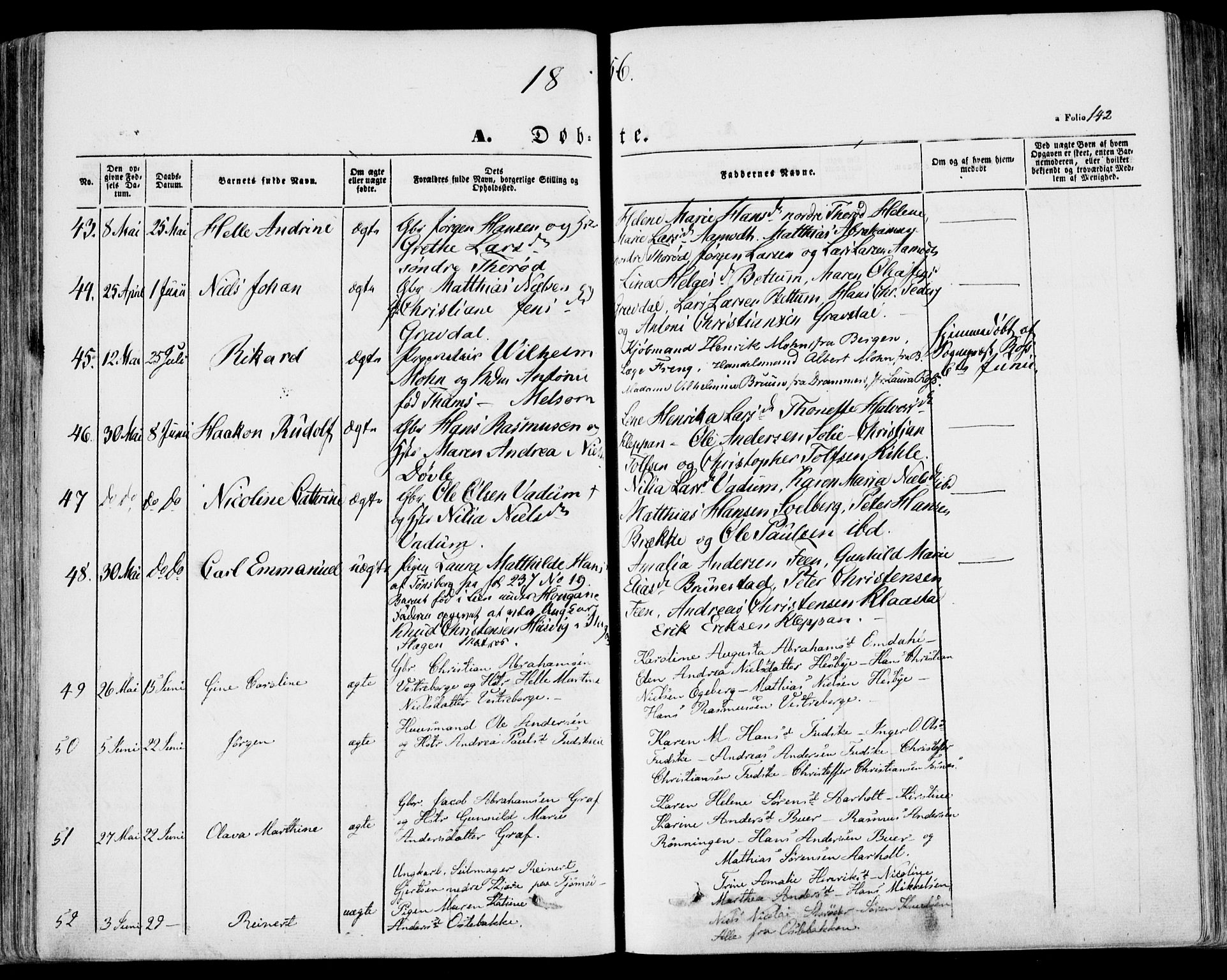 Stokke kirkebøker, AV/SAKO-A-320/F/Fa/L0007: Parish register (official) no. I 7, 1844-1857, p. 142