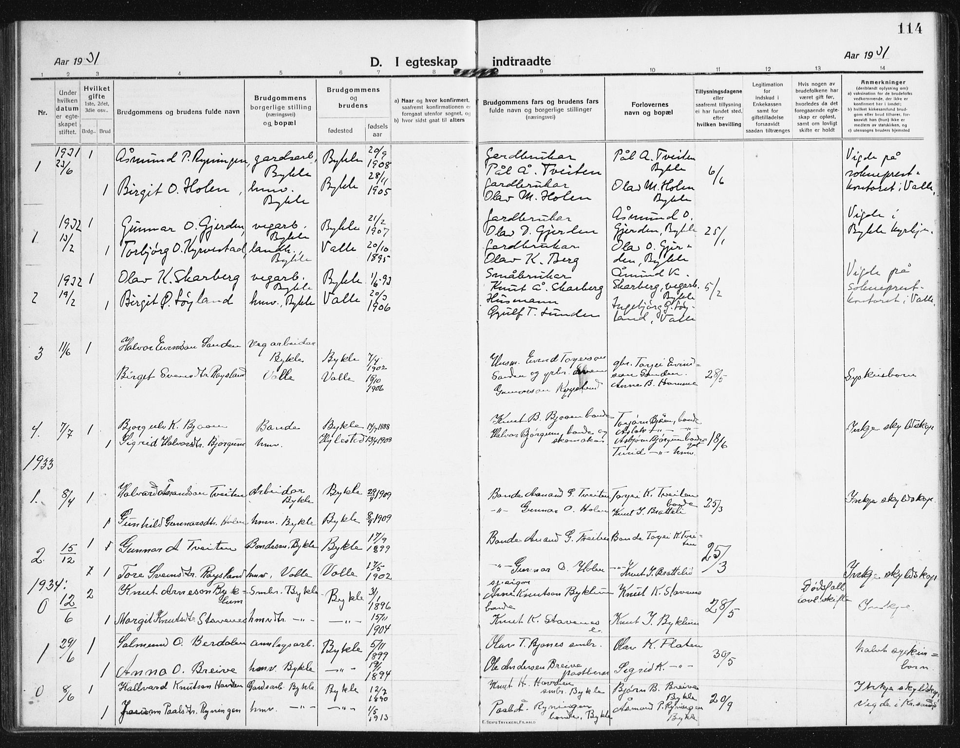 Valle sokneprestkontor, SAK/1111-0044/F/Fb/Fba/L0004: Parish register (copy) no. B 4, 1917-1944, p. 114