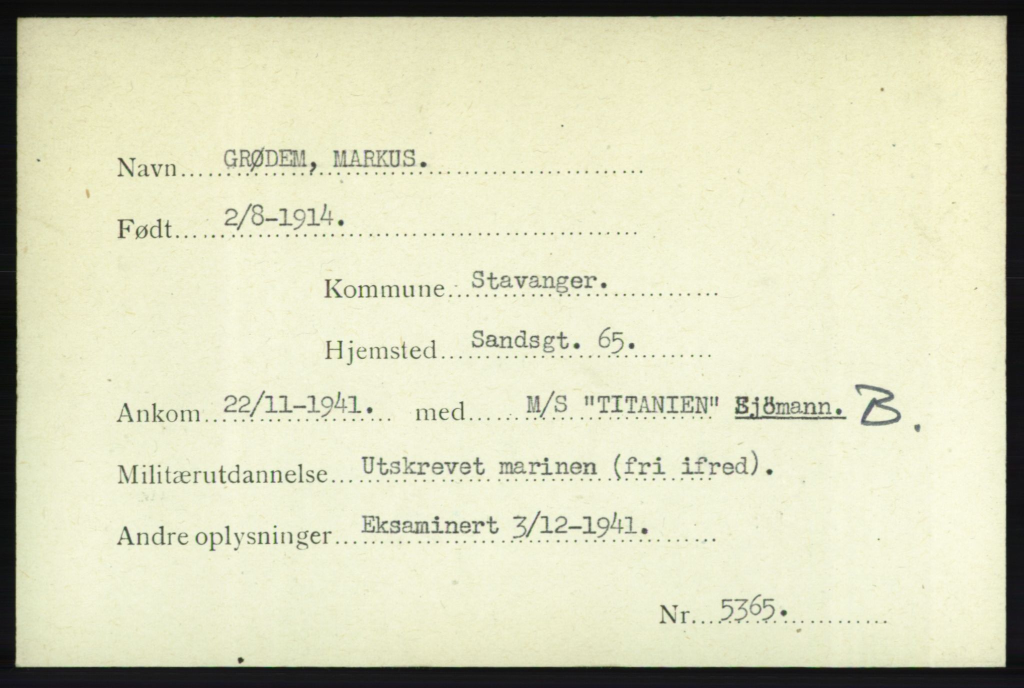 Forsvarets Overkommando. 2. kontor. Arkiv 8.1. Mottakersentralen FDE og FO.II, RA/RAFA-6952/P/Pa/L0007: Grødal - Hanøy , 1940-1945, p. 2