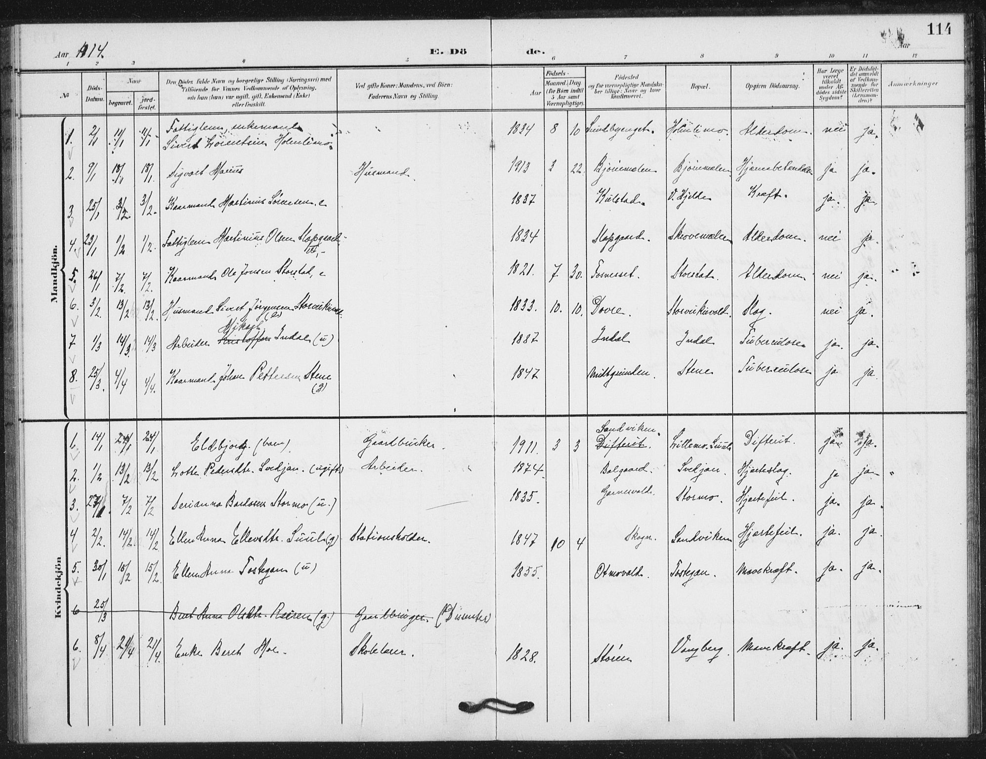 Ministerialprotokoller, klokkerbøker og fødselsregistre - Nord-Trøndelag, SAT/A-1458/724/L0264: Parish register (official) no. 724A02, 1908-1915, p. 114